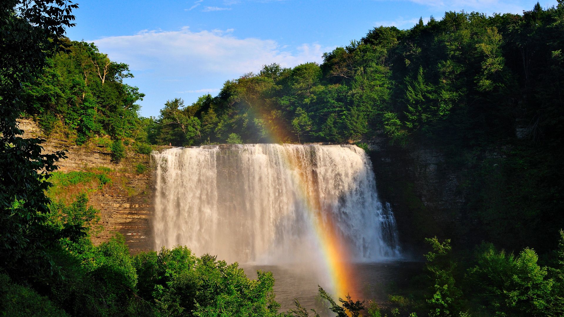 Laden Sie das Wasserfall, Natur, Bäume, Regenbogen-Bild kostenlos auf Ihren PC-Desktop herunter