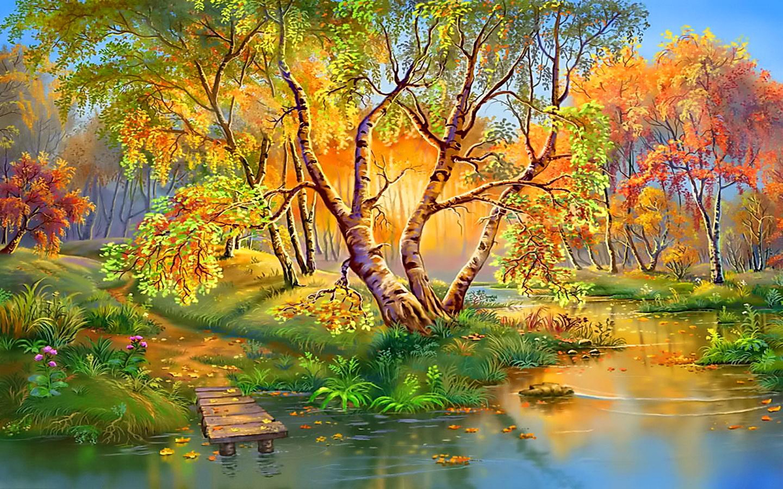 Скачать обои бесплатно Осень, Озеро, Дерево, Картина, Художественные картинка на рабочий стол ПК