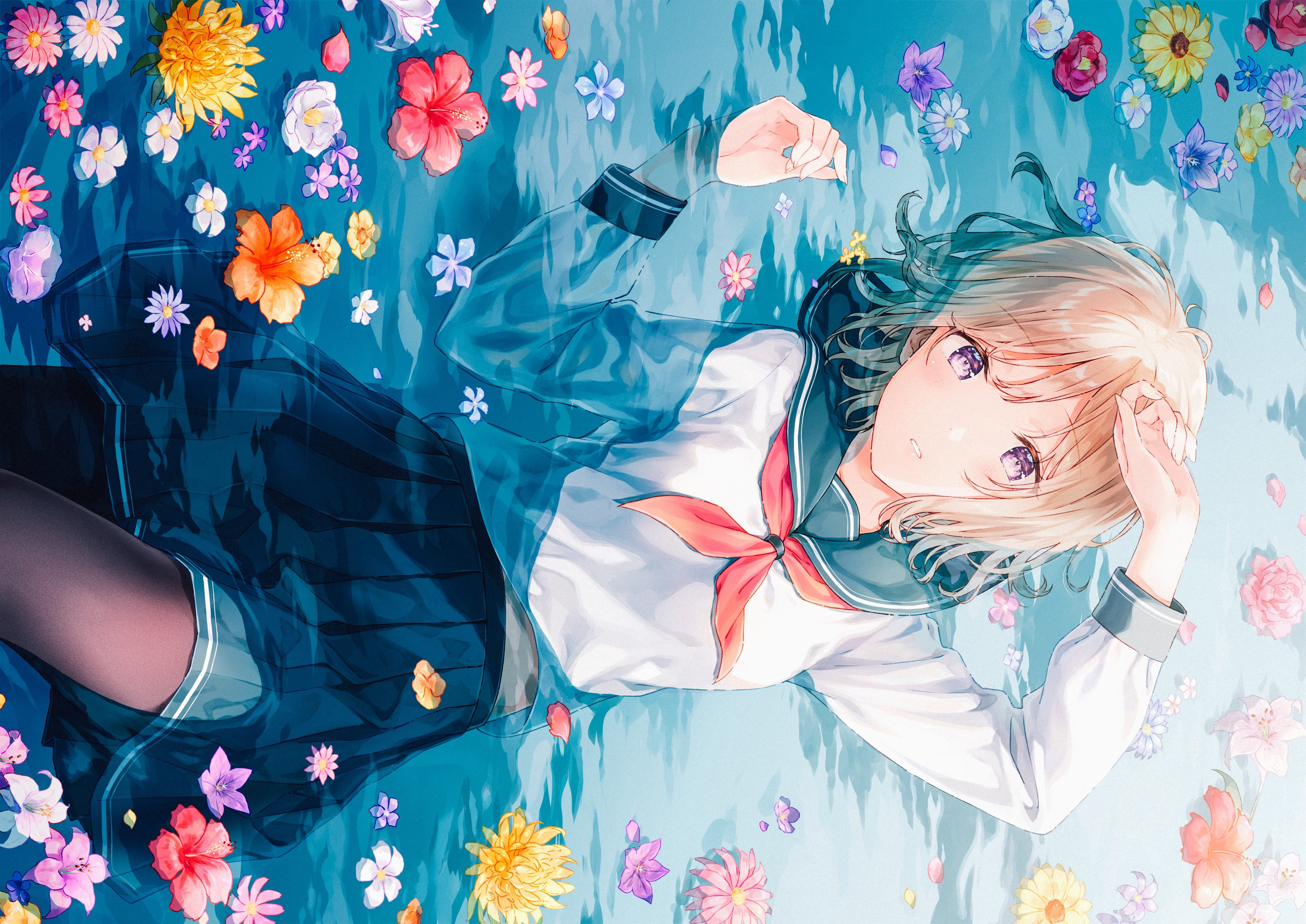 Free download wallpaper Anime, Water, Flower, Girl, Blonde, Skirt, School Uniform, Short Hair, Purple Eyes on your PC desktop