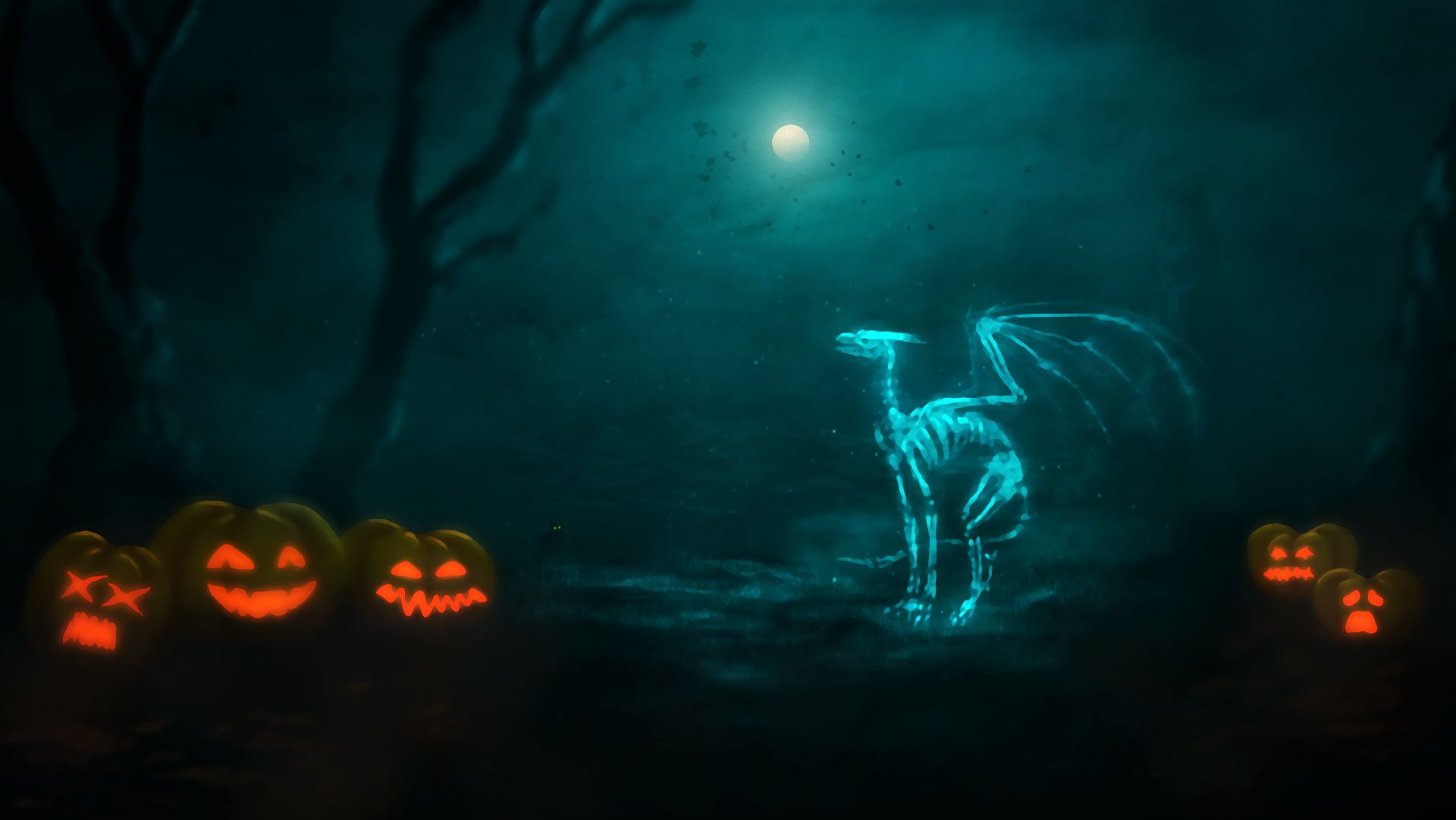 Free download wallpaper Halloween, Night, Moon, Holiday, Dragon, Skeleton, Bones, Jack O' Lantern on your PC desktop