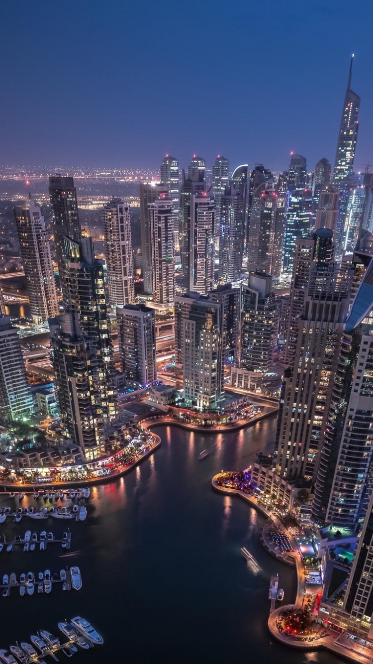 Descarga gratuita de fondo de pantalla para móvil de Ciudades, Noche, Ciudad, Rascacielos, Paisaje Urbano, Hecho Por El Hombre, Dubái, Puerto Pequeño.