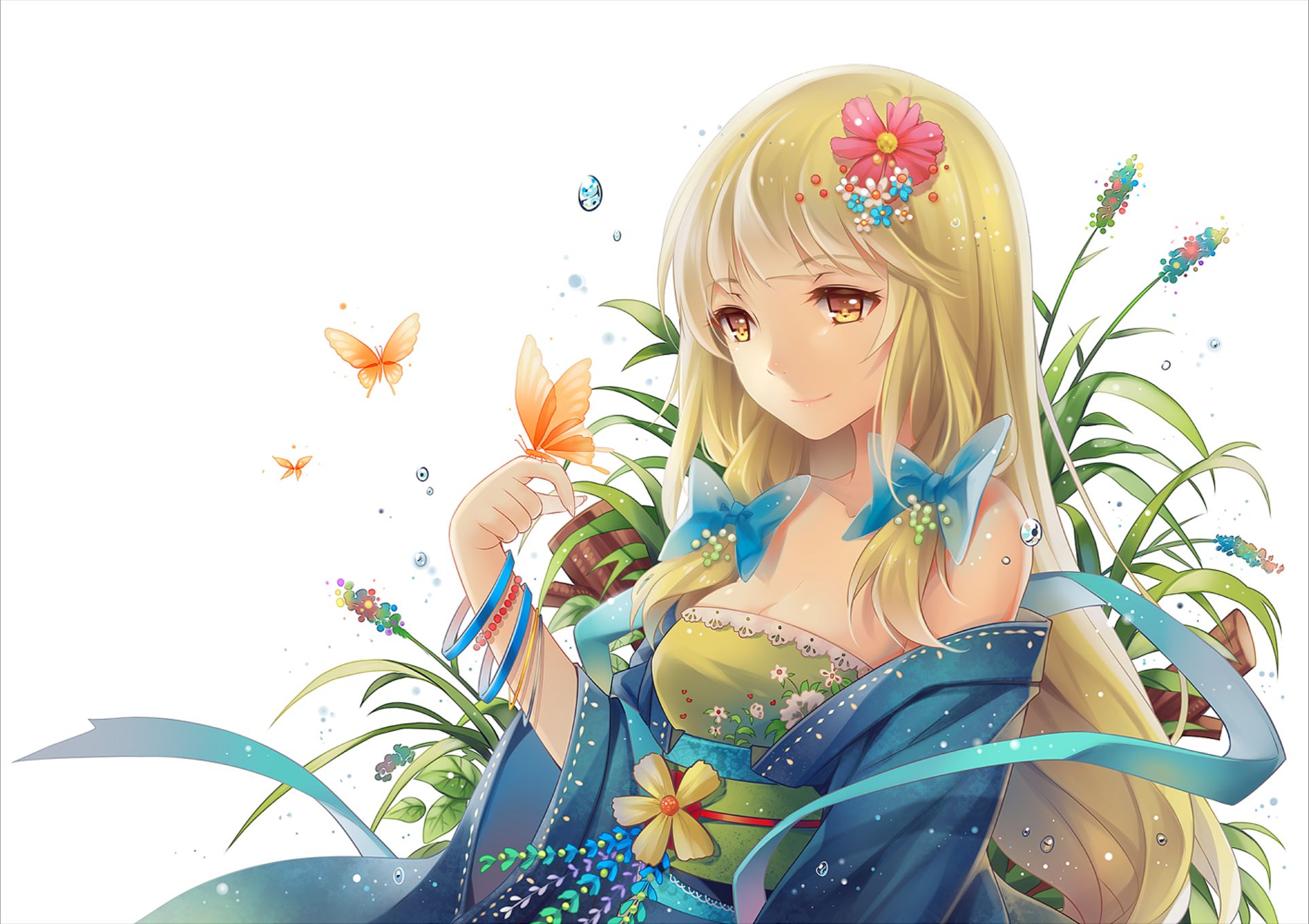 Laden Sie das Schmetterlinge, Blume, Kimono, Gelbe Augen, Original, Blondinen, Animes-Bild kostenlos auf Ihren PC-Desktop herunter
