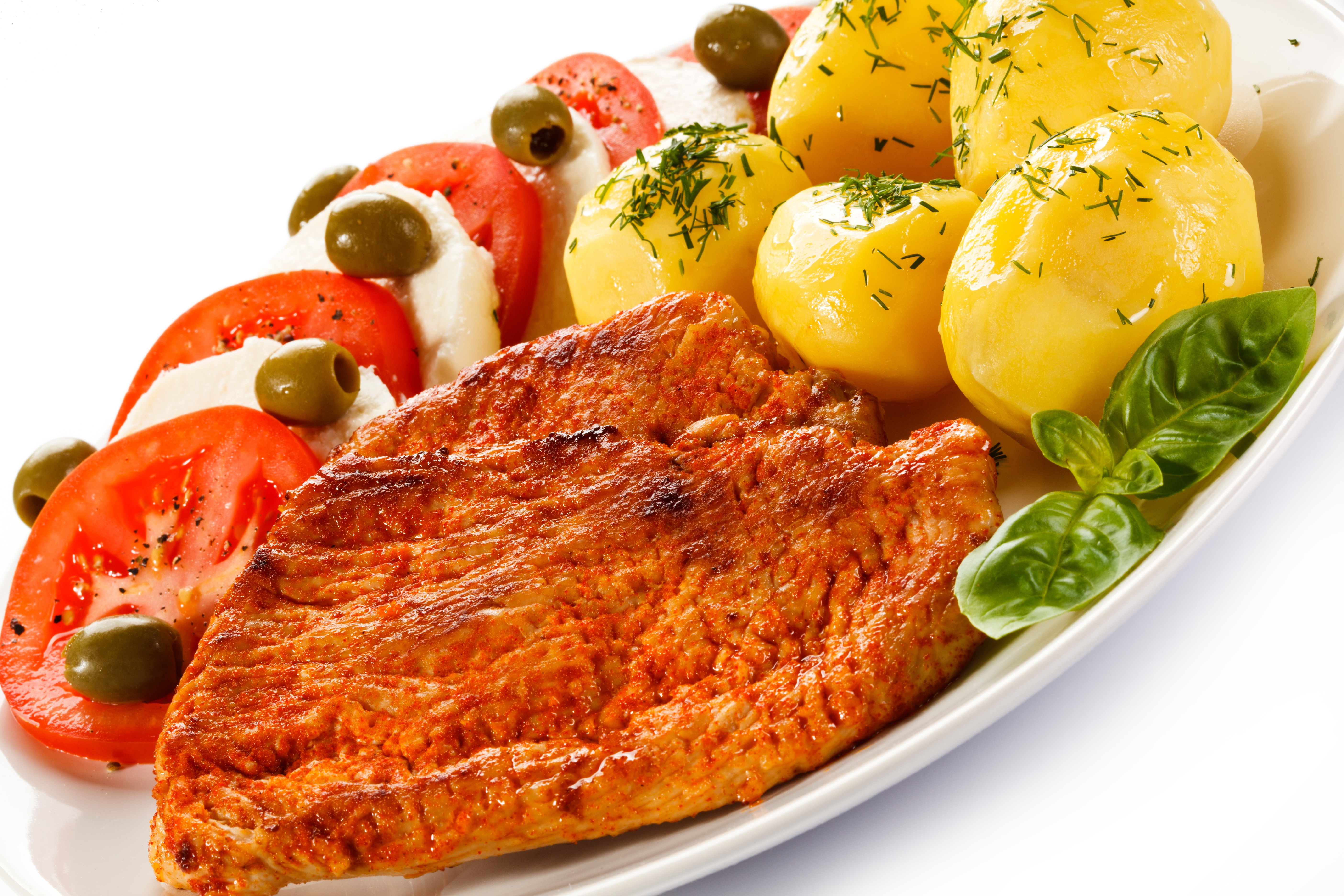 meal, food, meat, olive, potato, tomato