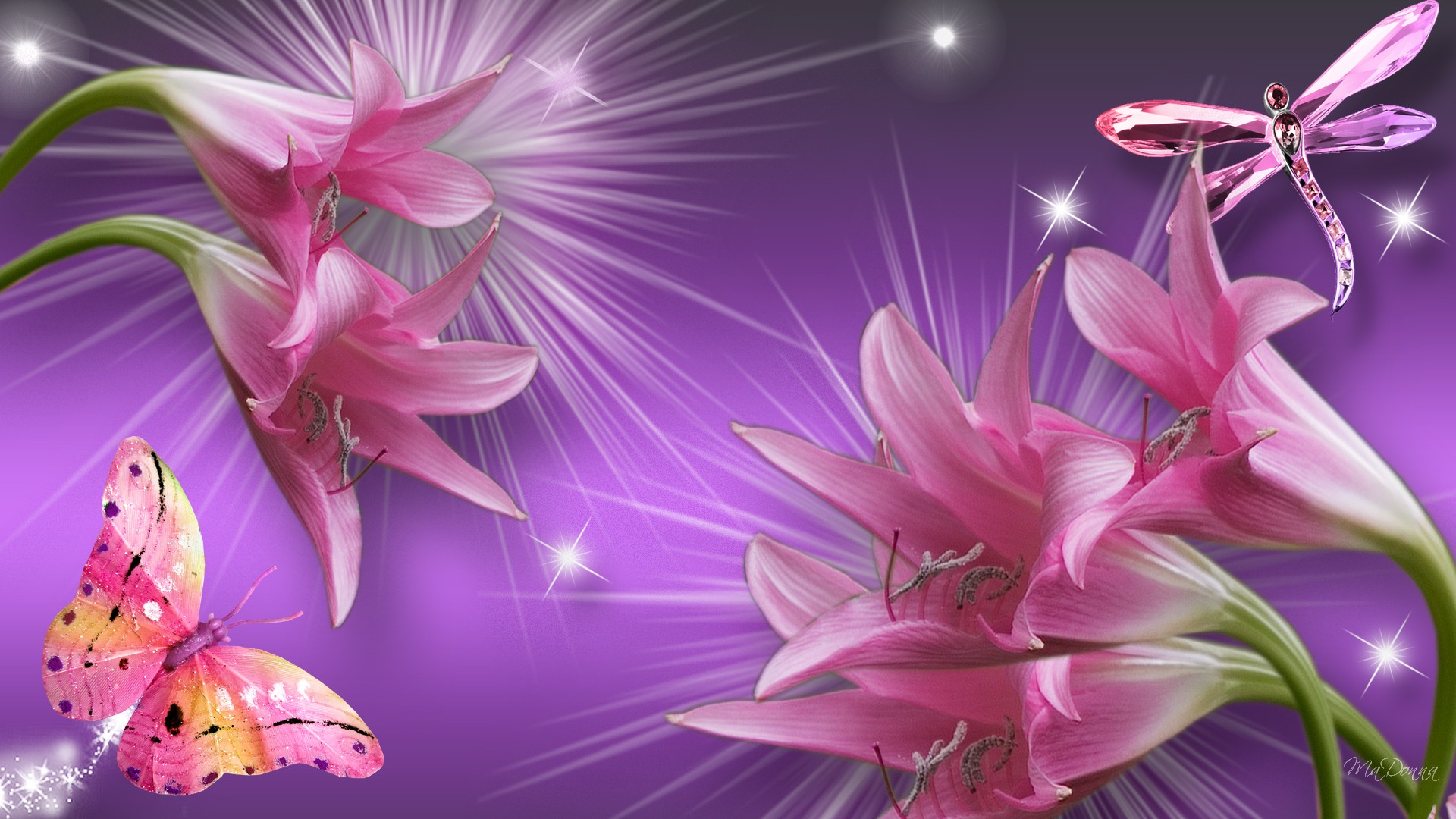 Laden Sie das Schmetterlinge, Blumen, Rosa, Blume, Lilie, Libelle, Künstlerisch, Funkelt-Bild kostenlos auf Ihren PC-Desktop herunter