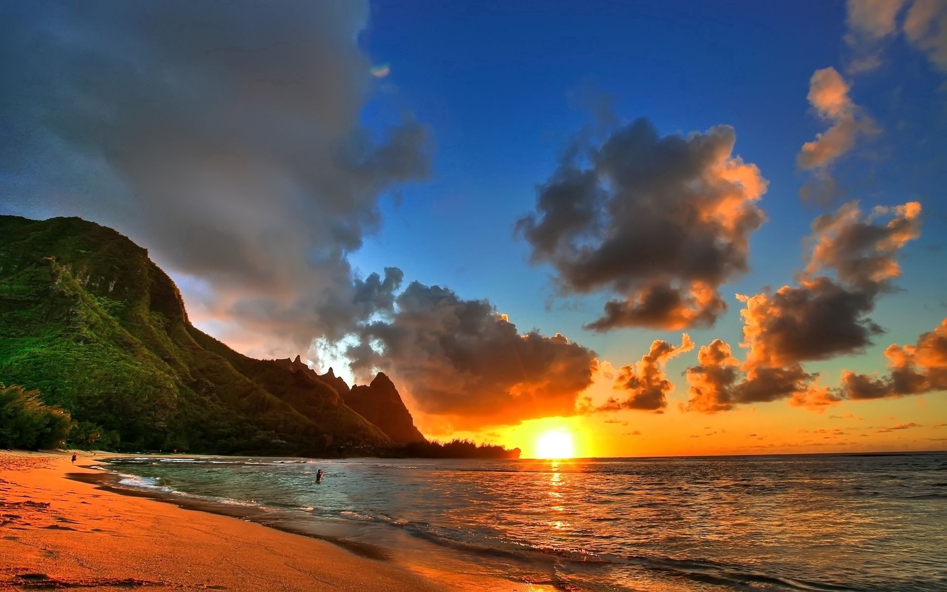 shore, sun, sunset, beach, clouds, nature, evening, mountains, sea, bank, calm HD wallpaper