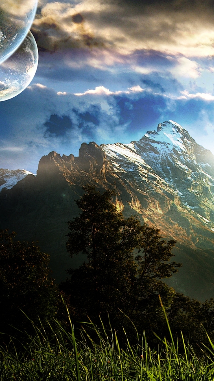 Download mobile wallpaper Landscape, Grass, Sun, Mountain, Planet, Sci Fi for free.