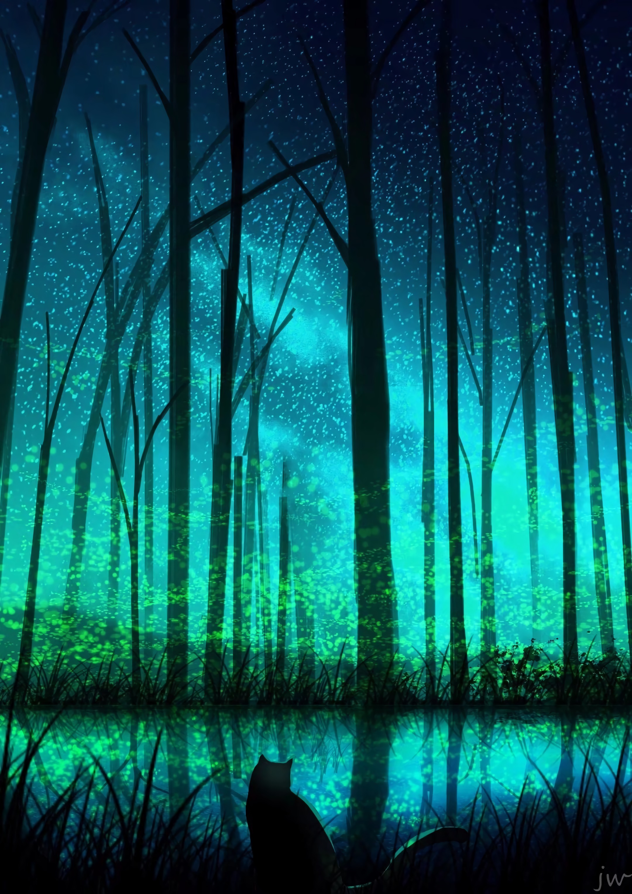 Free download wallpaper Forest, Lake, Cat, Night, Art on your PC desktop