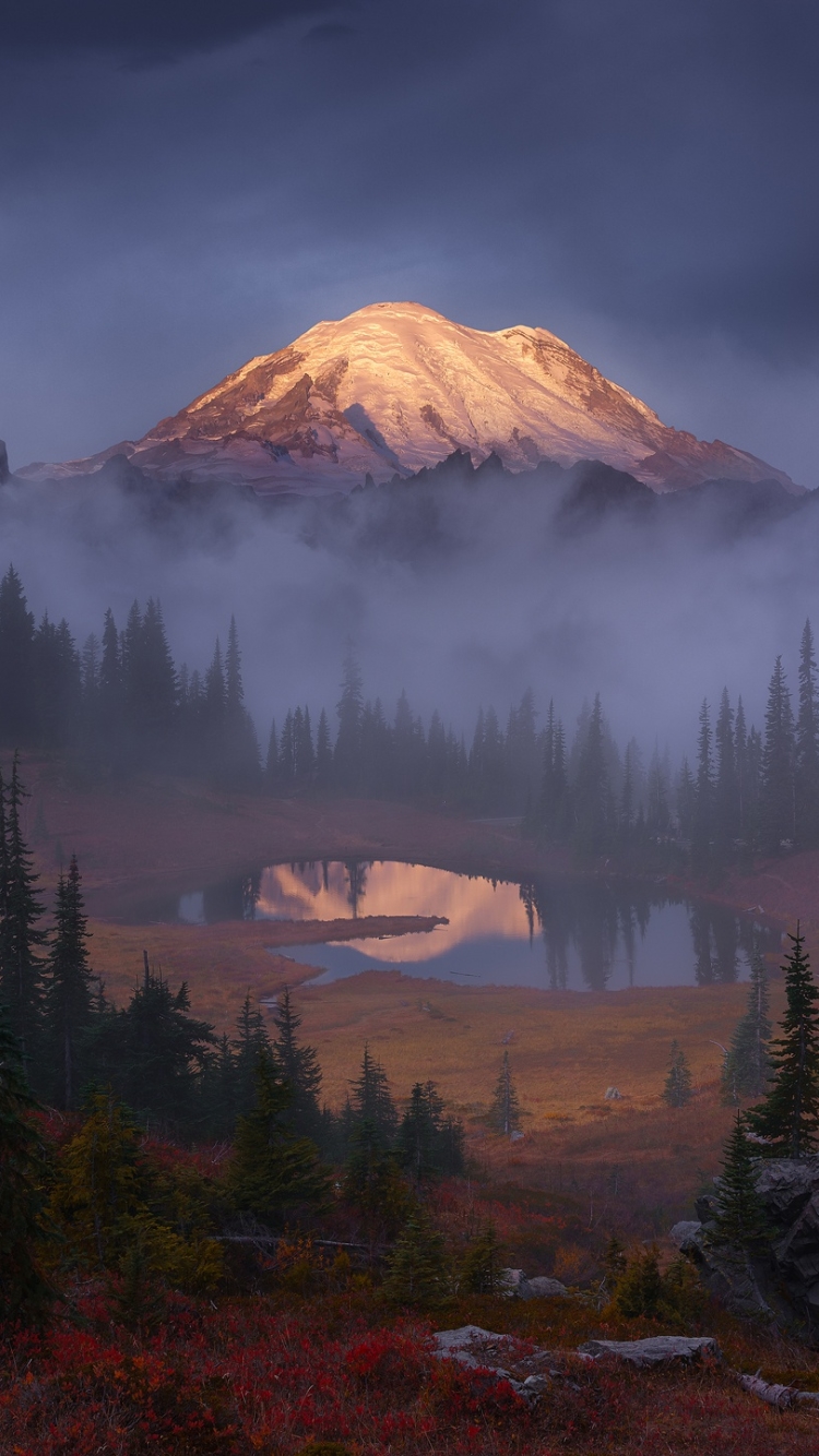 Download mobile wallpaper Nature, Mountain, Lake, Fog, Earth for free.