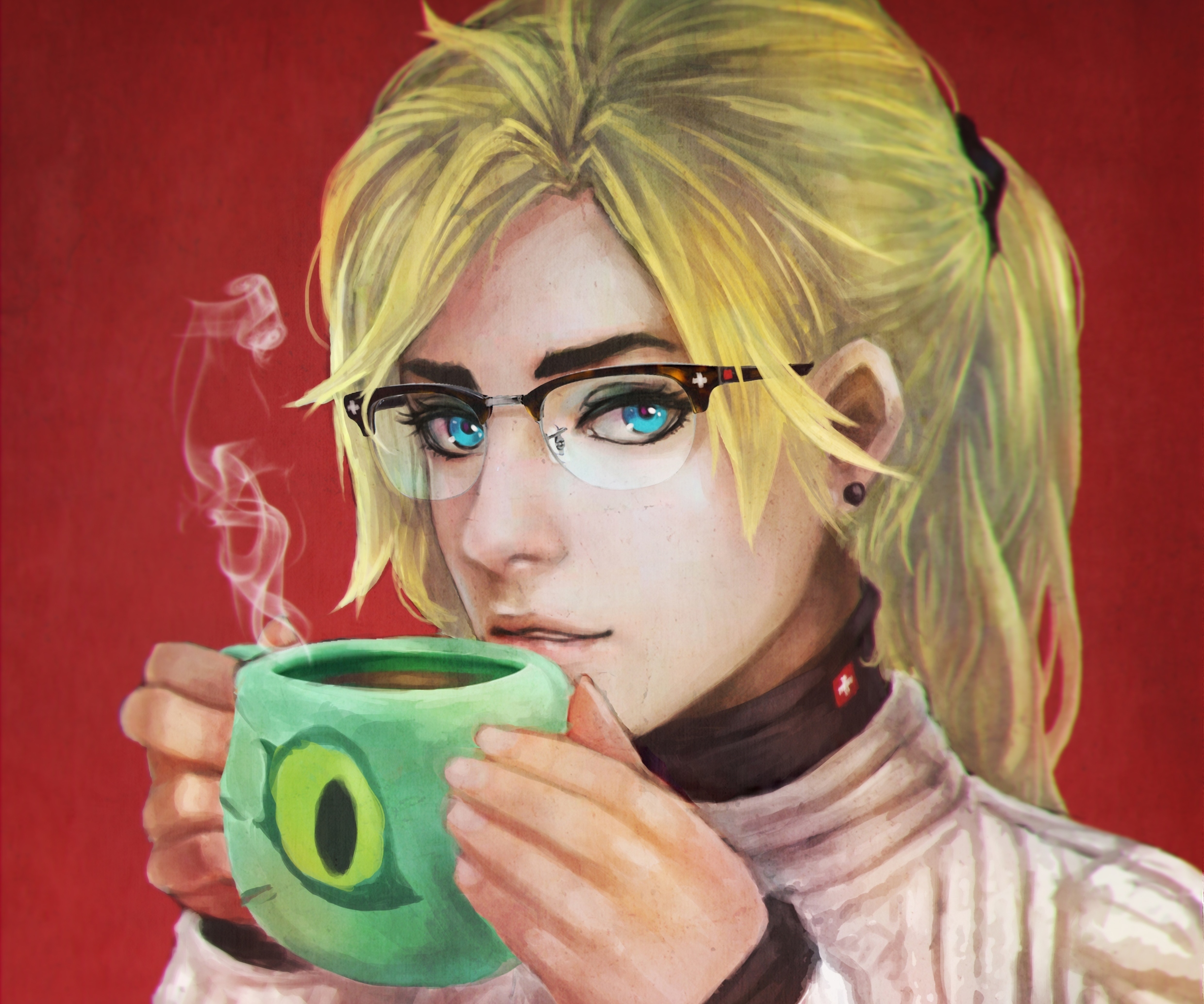 Download mobile wallpaper Coffee, Blonde, Glasses, Face, Blue Eyes, Overwatch, Video Game, Ponytail, Mercy (Overwatch) for free.