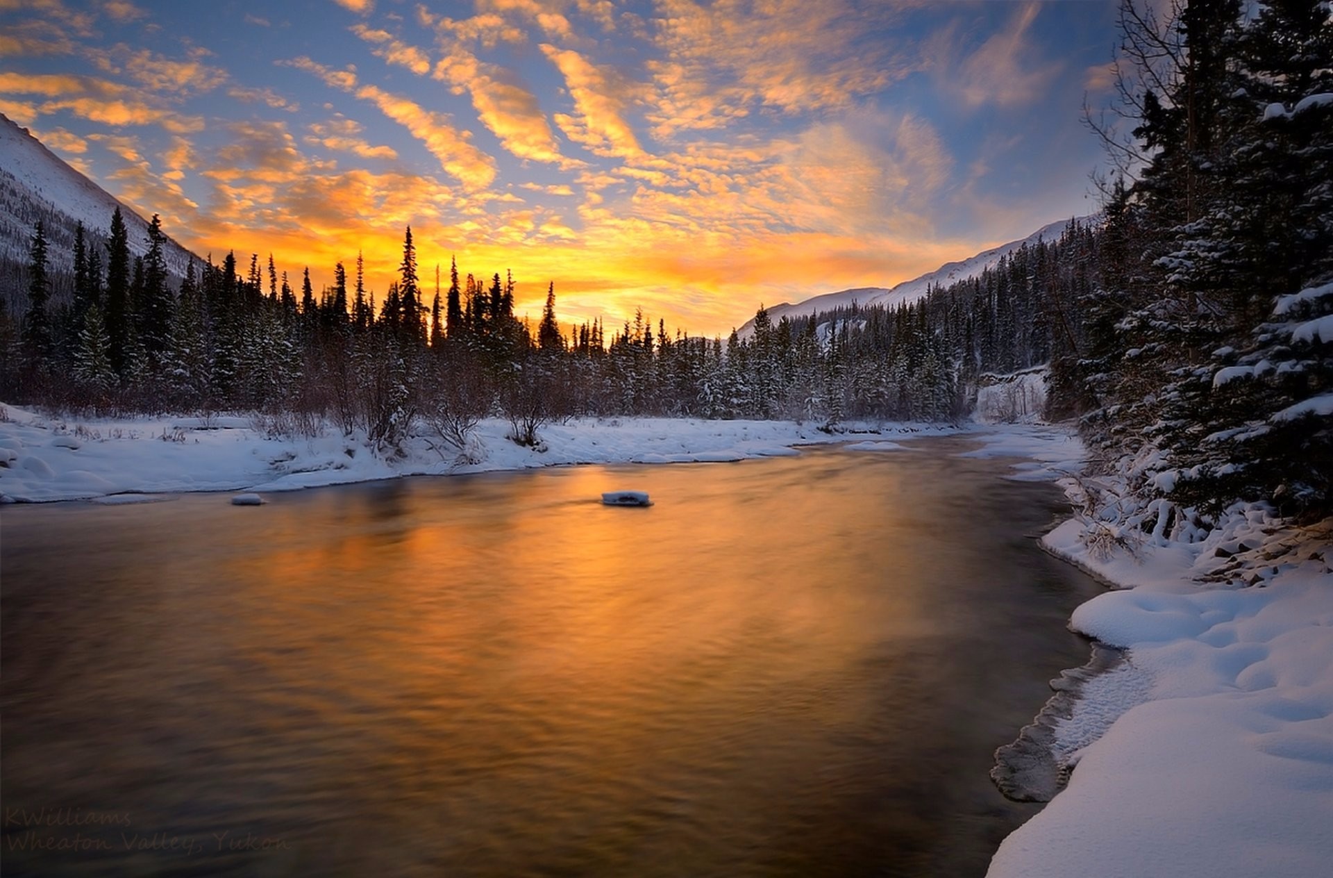 Download mobile wallpaper Winter, Sunset, Snow, Tree, Earth, River for free.