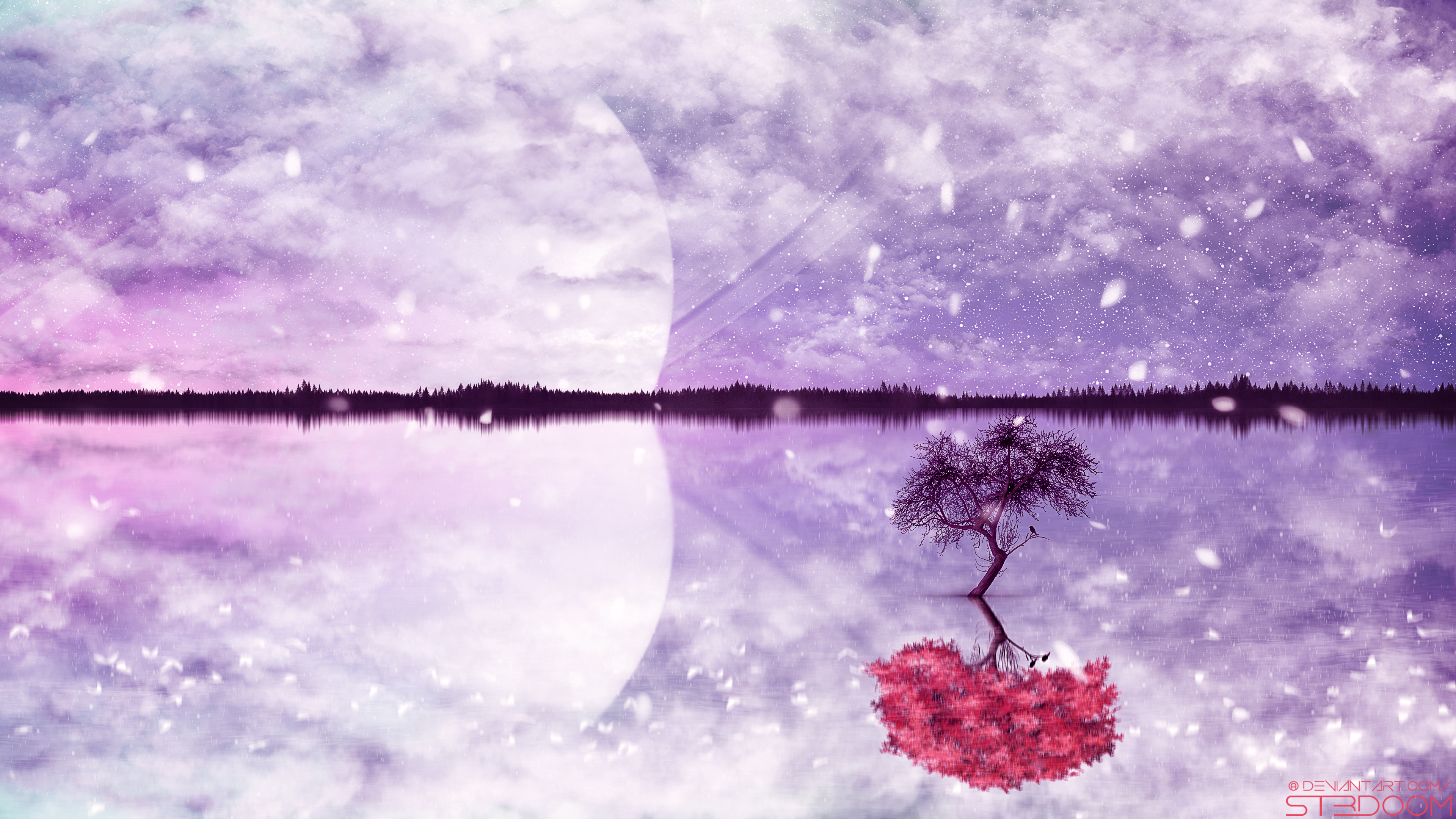 Descarga gratuita de fondo de pantalla para móvil de Paisaje, Fantasía, Cielo, Sakura, Lago.