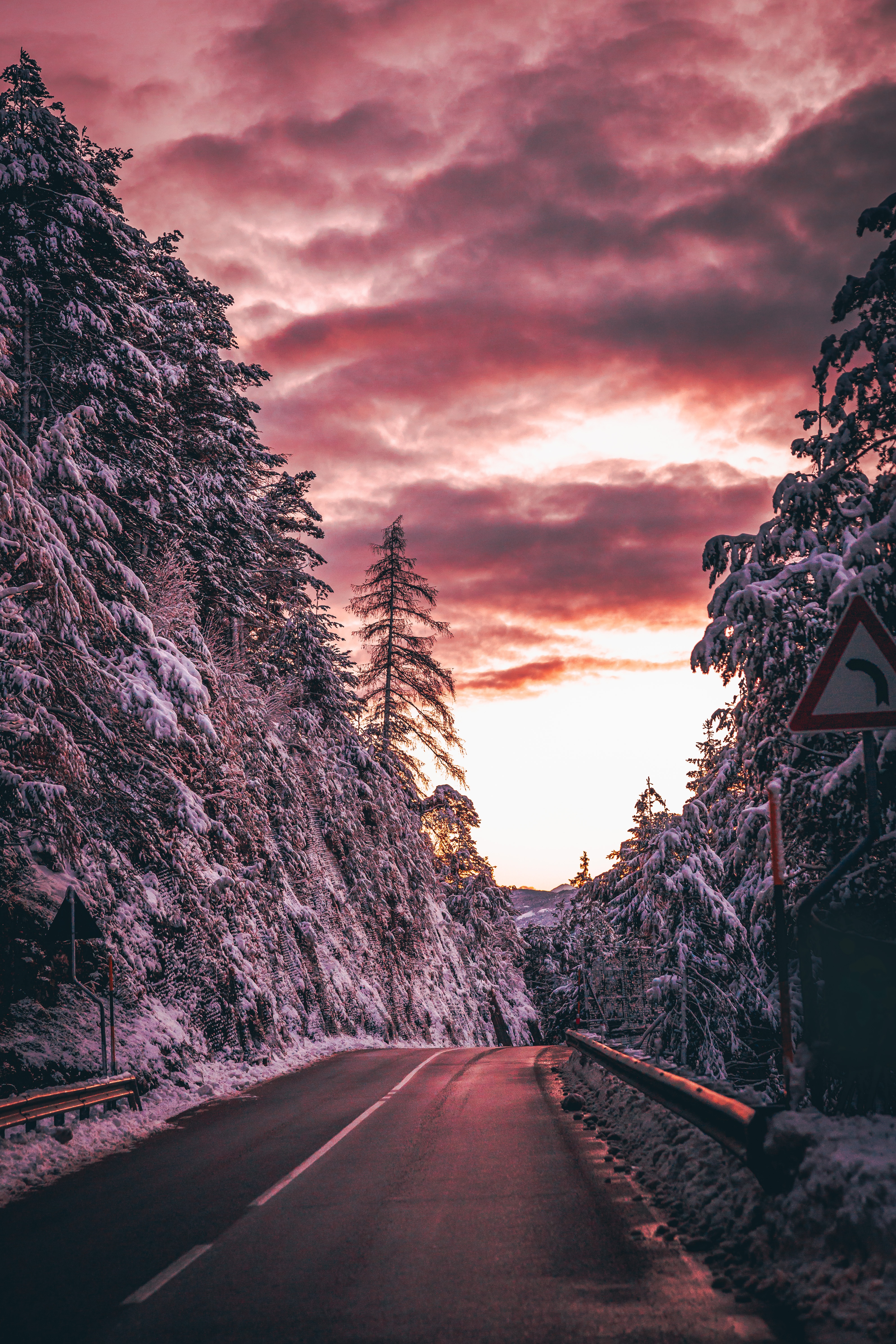 Free download wallpaper Trees, Dusk, Twilight, Snow, Road, Nature on your PC desktop