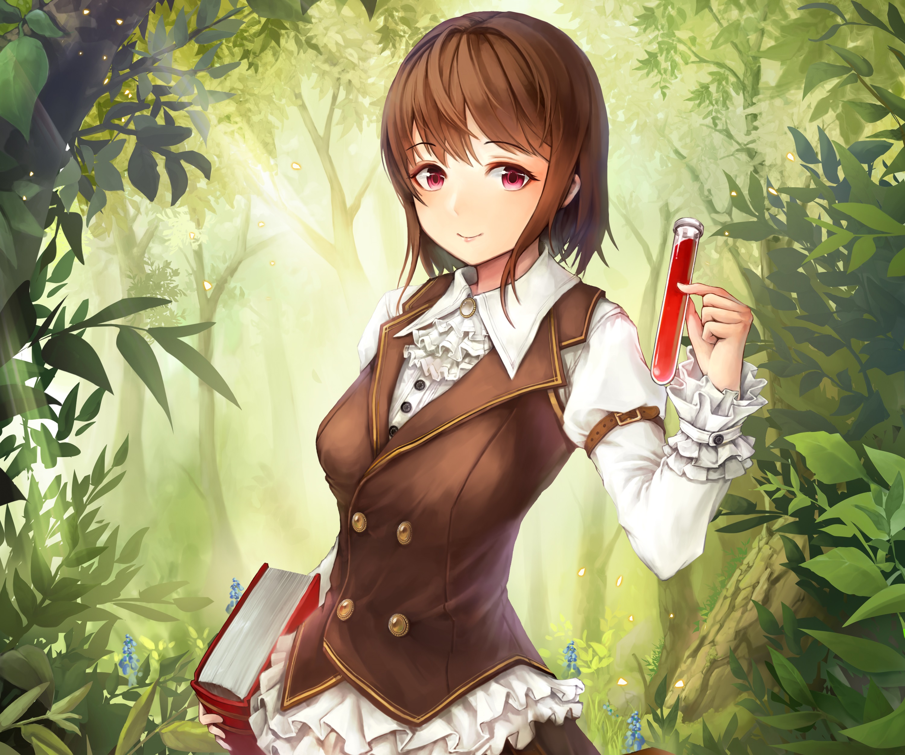 Download mobile wallpaper Anime, Forest, Smile, Book, Original, Blush, Red Eyes, Brown Hair, Short Hair for free.