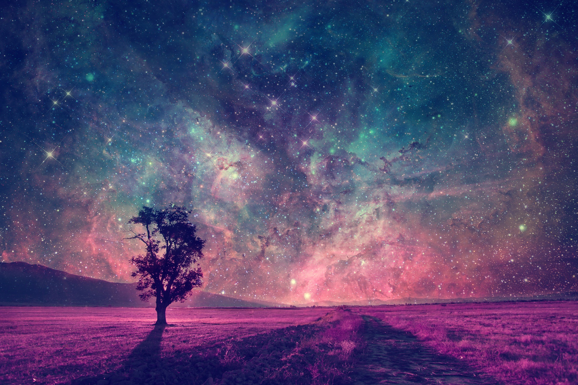 Download mobile wallpaper Landscape, Trees, Stars, Night, Tree, Earth, Nebula, Purple, Lonely Tree for free.