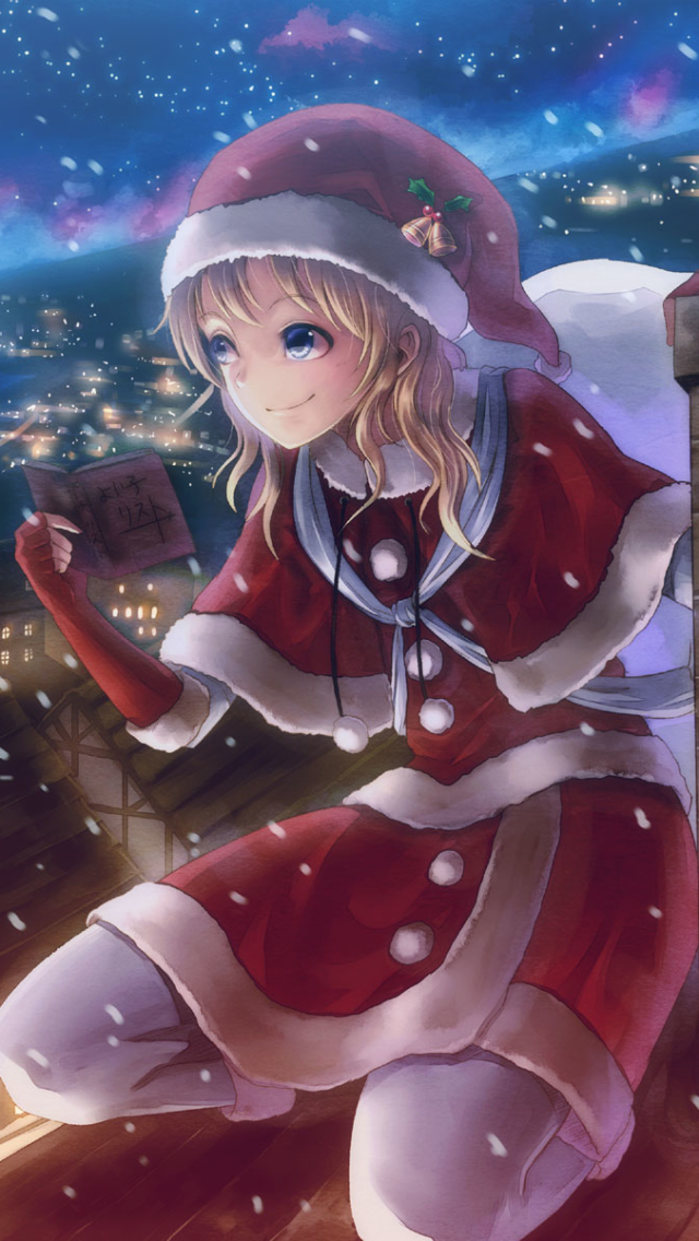 Handy-Wallpaper Weihnachten, Rock, Lächeln, Handschuh, Schneefall, Nacht, Strumpfhose, Animes kostenlos herunterladen.