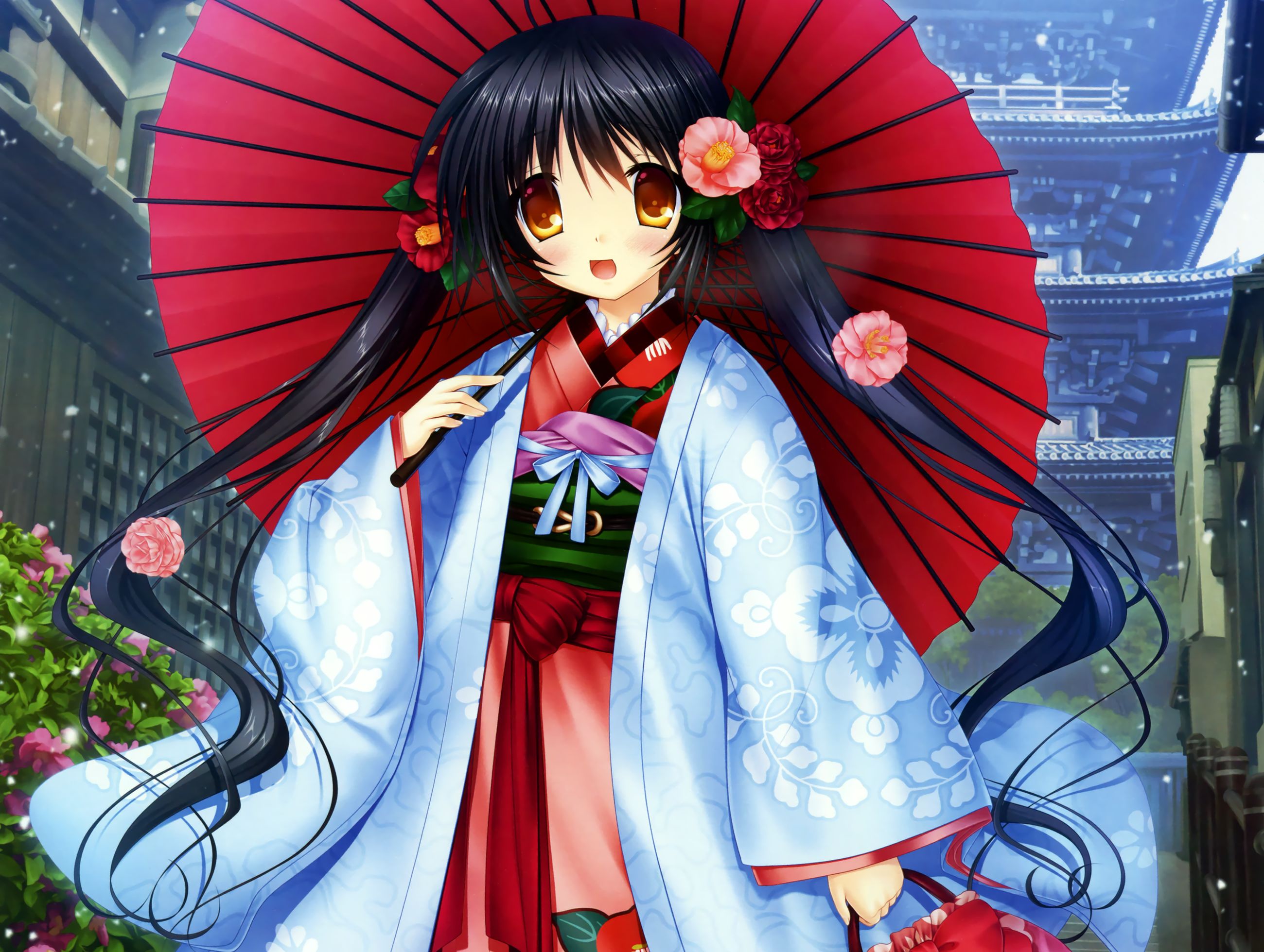 Téléchargez gratuitement l'image Fleur, Le Sourire, Kimono, Original, Cheveux Noirs, Animé, Rougir, Neiger, Cheveux Longs, Twintails, Parasol, Yeux Oranges sur le bureau de votre PC