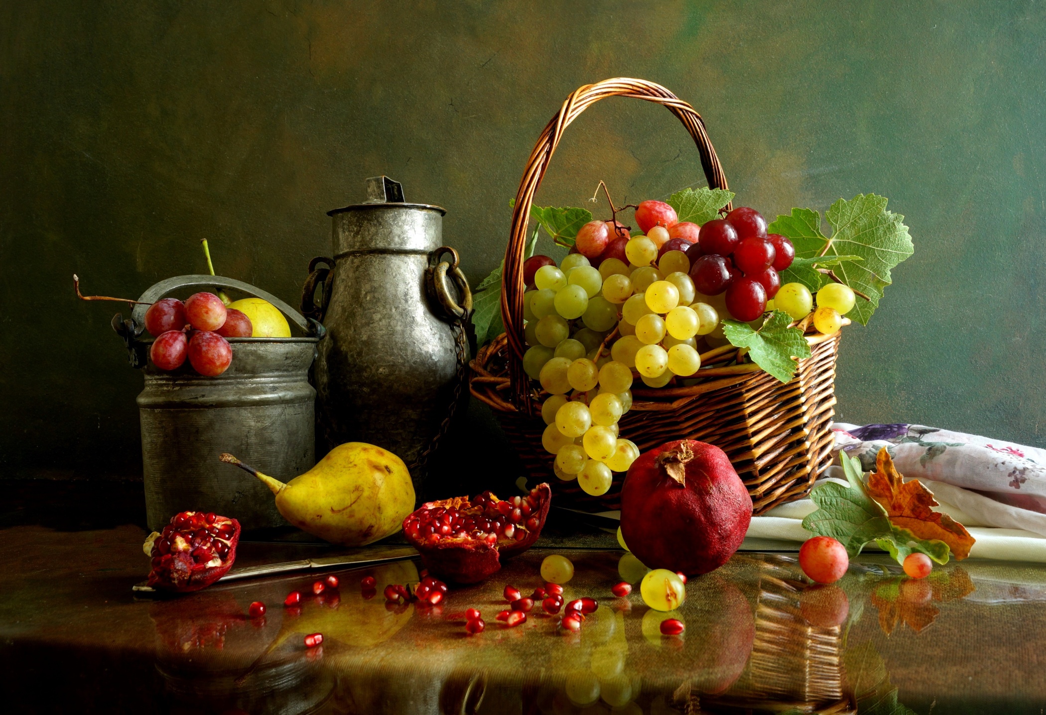 Download mobile wallpaper Grapes, Still Life, Fruit, Basket, Photography for free.