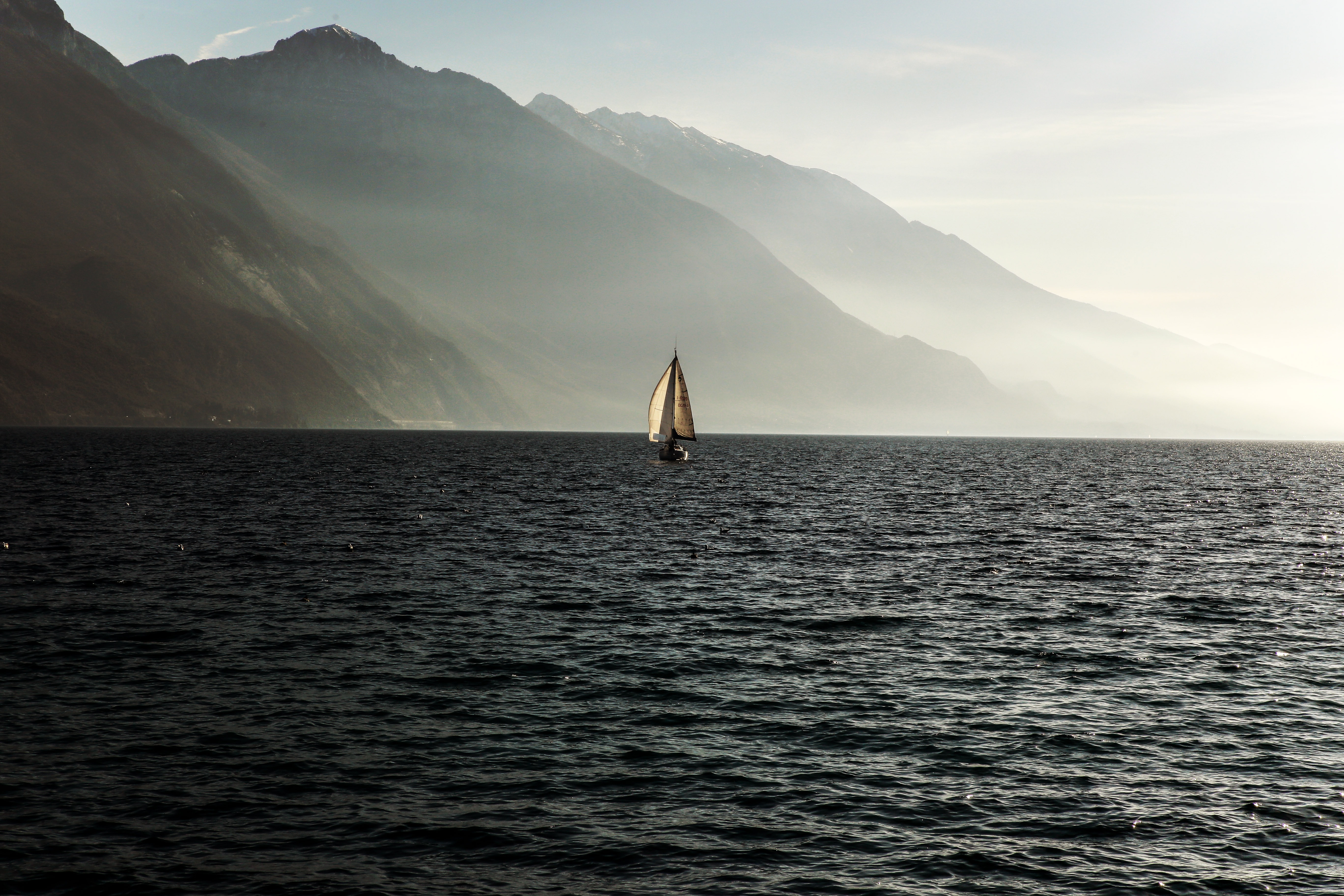 sailboat, sailfish, miscellanea, sea, mountains, waves, miscellaneous, fog