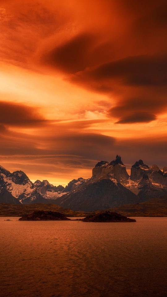 Download mobile wallpaper Landscape, Nature, Sunset, Mountains, Mountain, Earth, Cloud, Chile, Patagonia, Torres Del Paine, Orange (Color) for free.