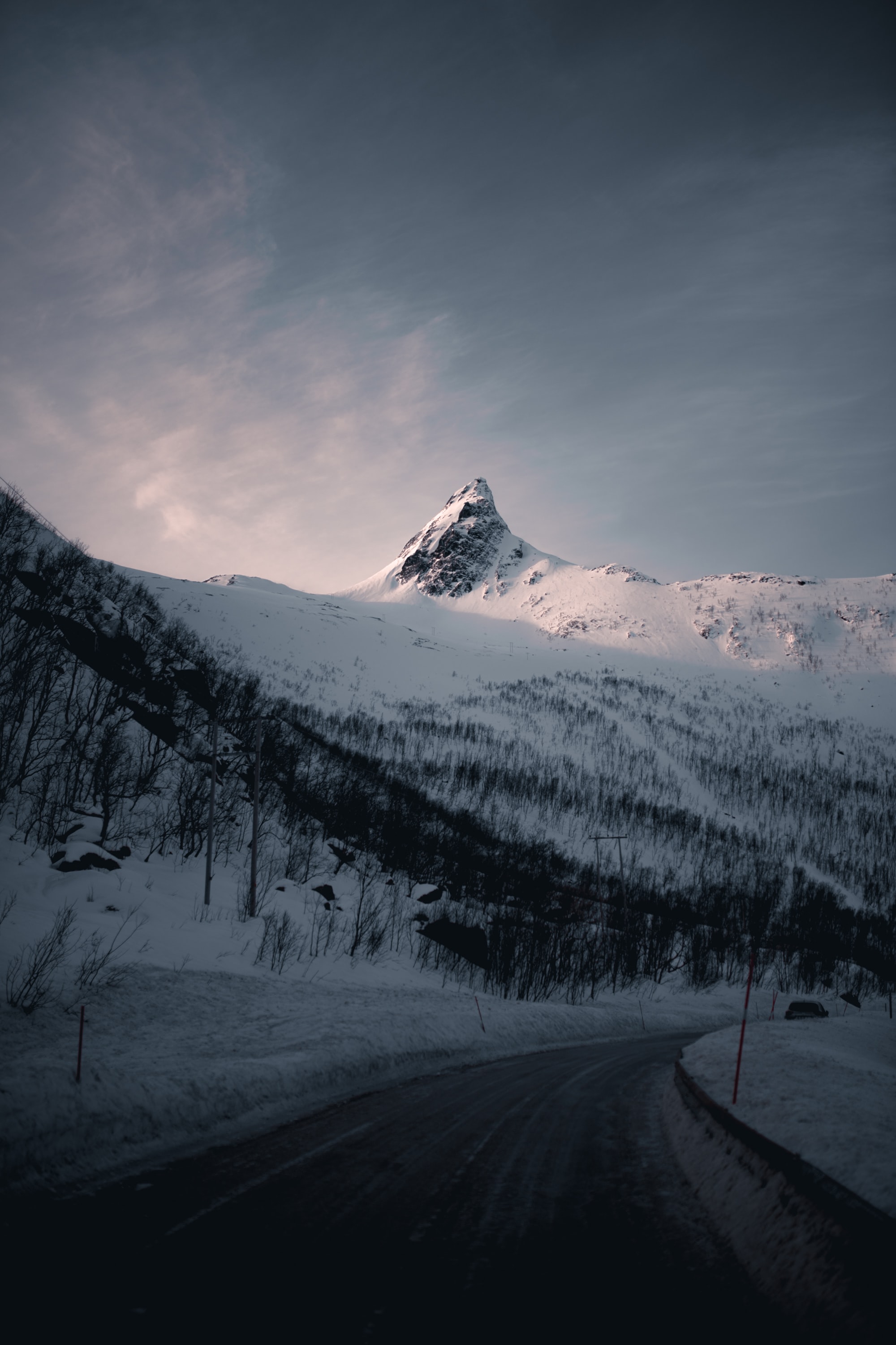 Download mobile wallpaper Vertex, Mountain, Top, Snowbound, Road, Snow Covered, Nature for free.