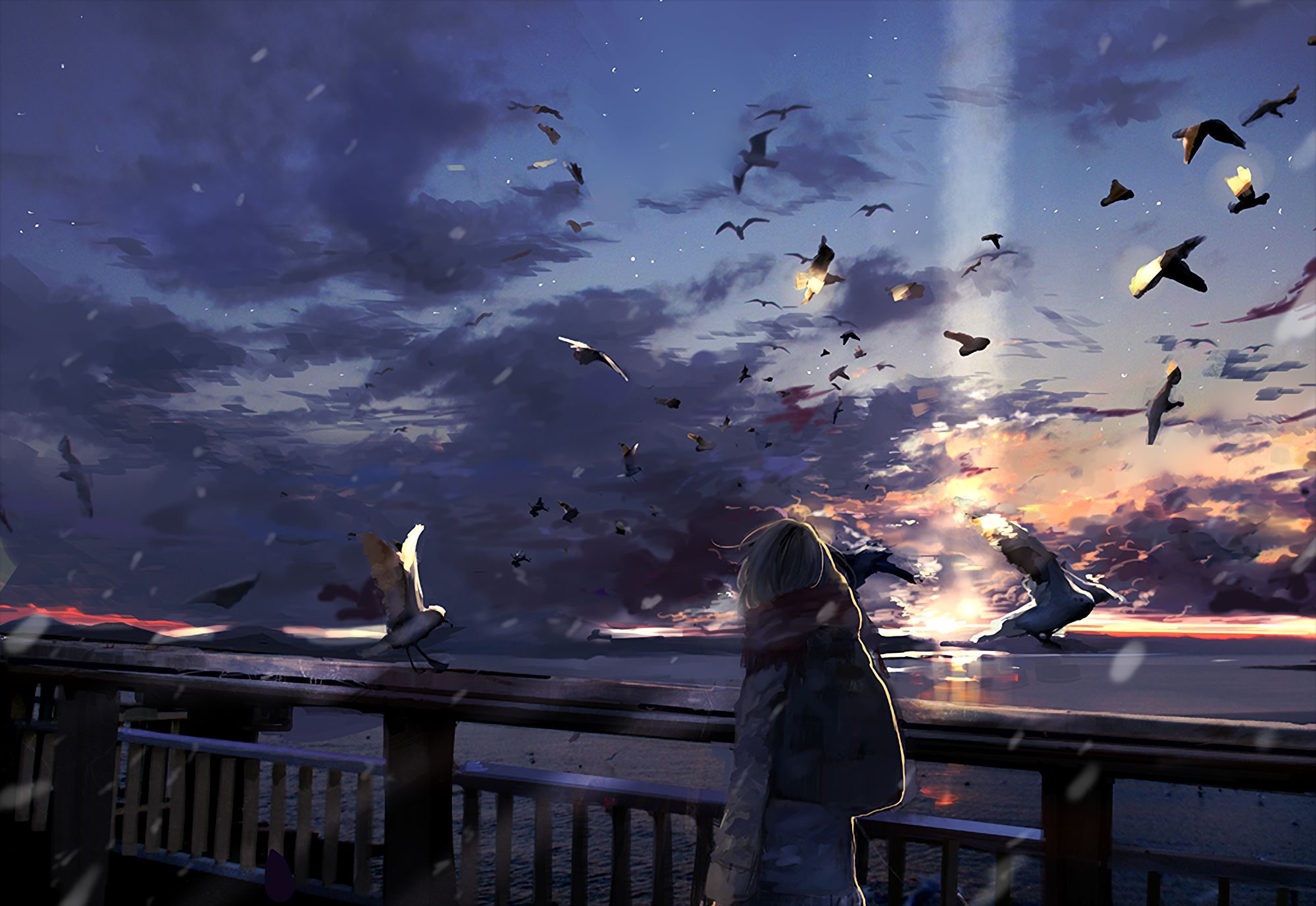 Free download wallpaper Anime, Sunset, Sky, Bird, Cloud, Original on your PC desktop