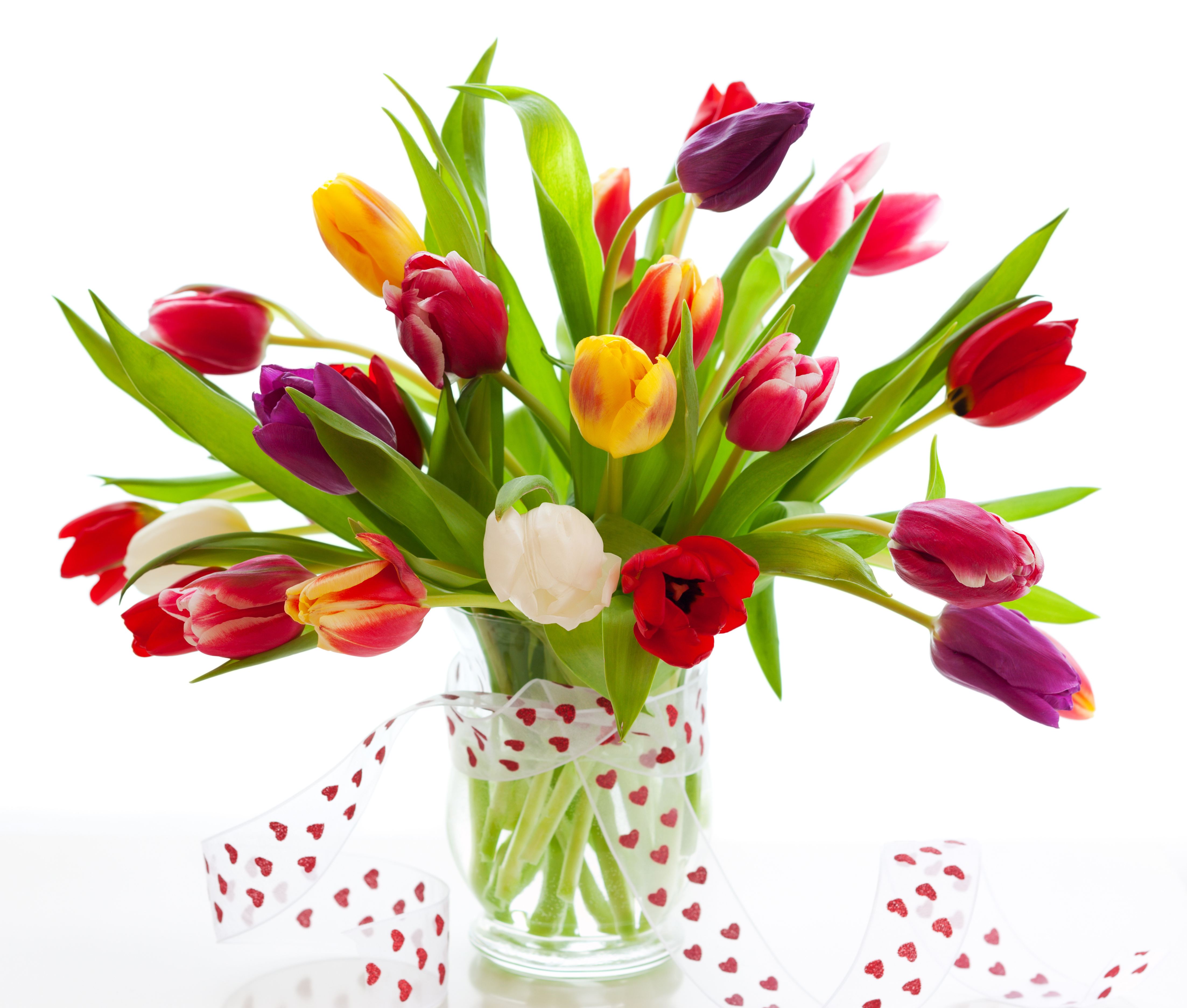 Free download wallpaper Flower, Vase, Colorful, Heart, Tulip, Ribbon, Man Made on your PC desktop