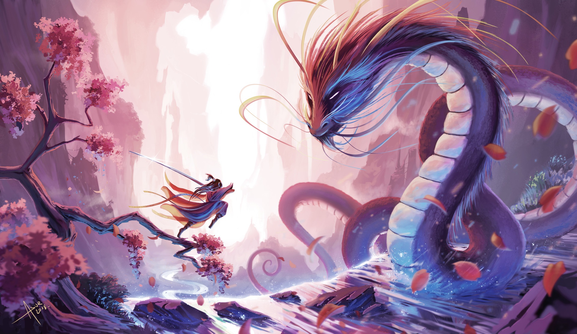 Free download wallpaper Fantasy, Dragon, Warrior, Battle, Oriental, Sword on your PC desktop