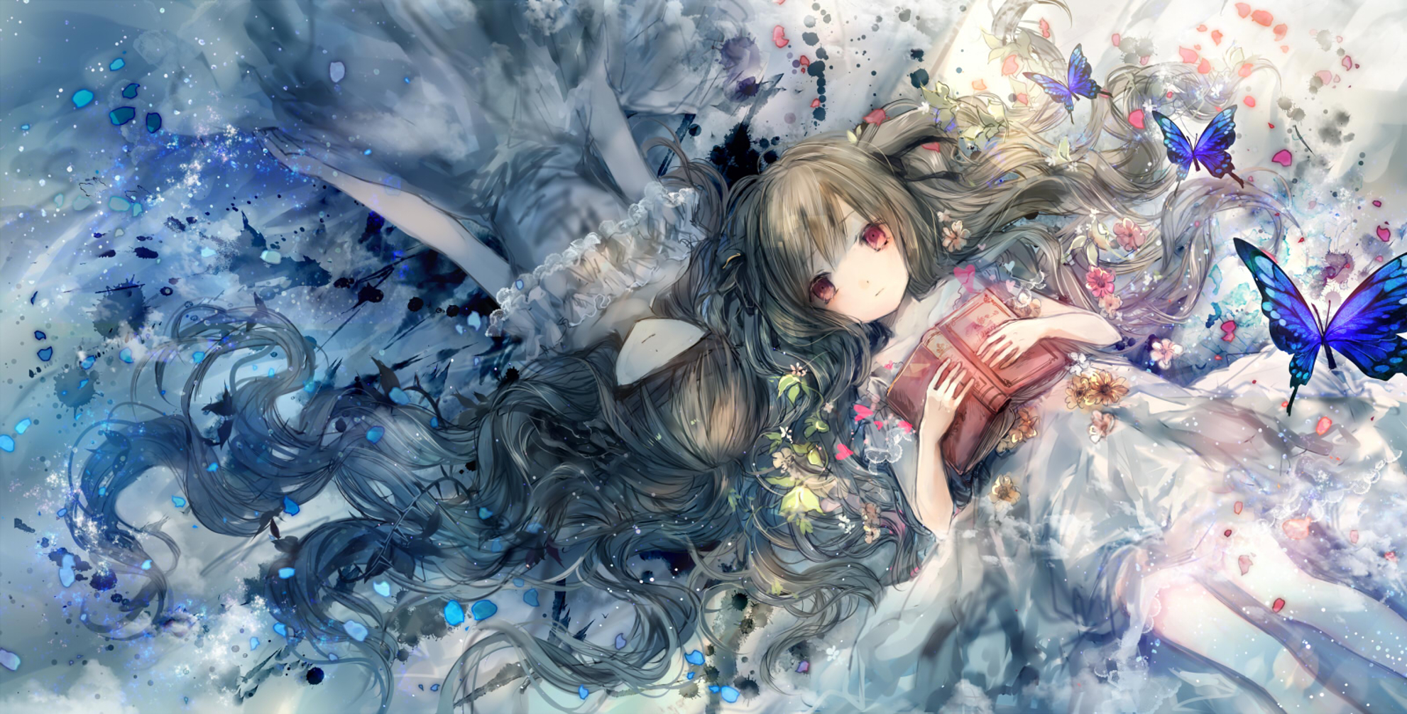 Download mobile wallpaper Anime, Reflection, Butterfly, Original, Red Eyes, Long Hair for free.