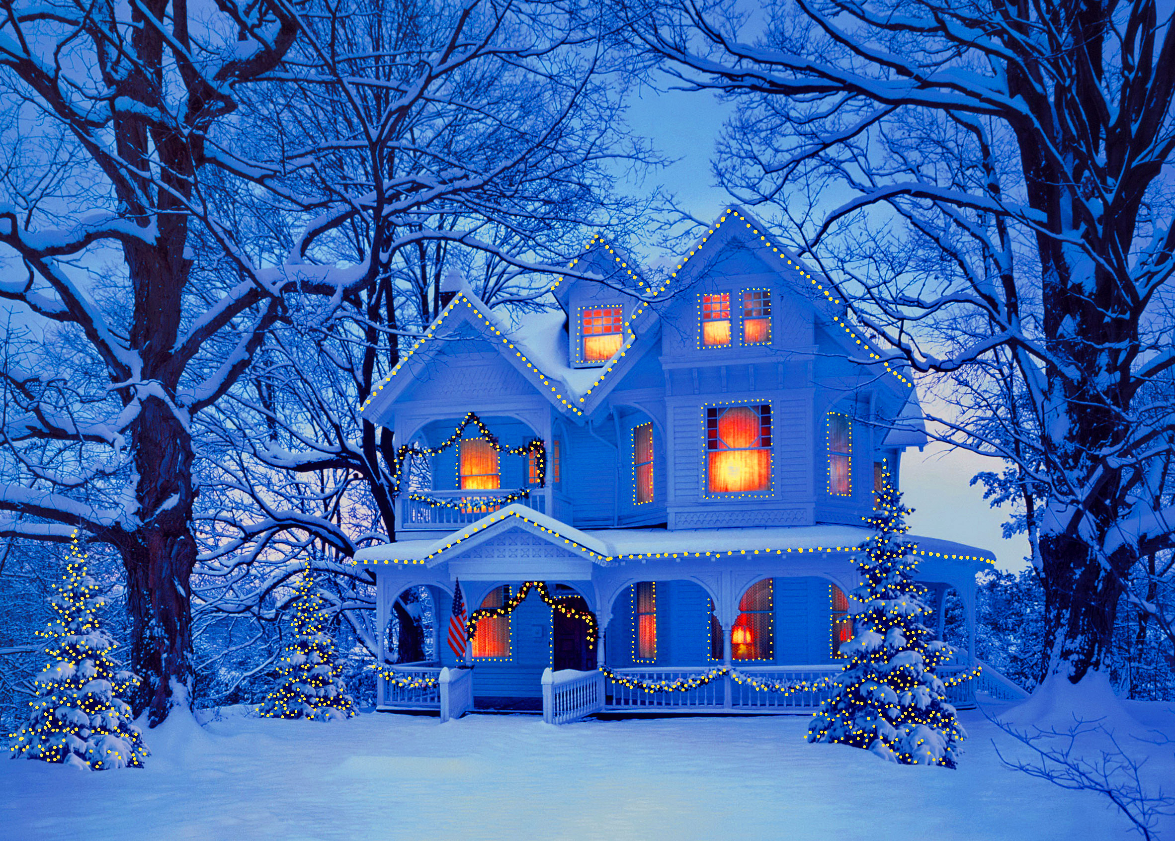 Download mobile wallpaper Winter, Snow, Light, Christmas, Holiday, House, Glow, Christmas Tree for free.