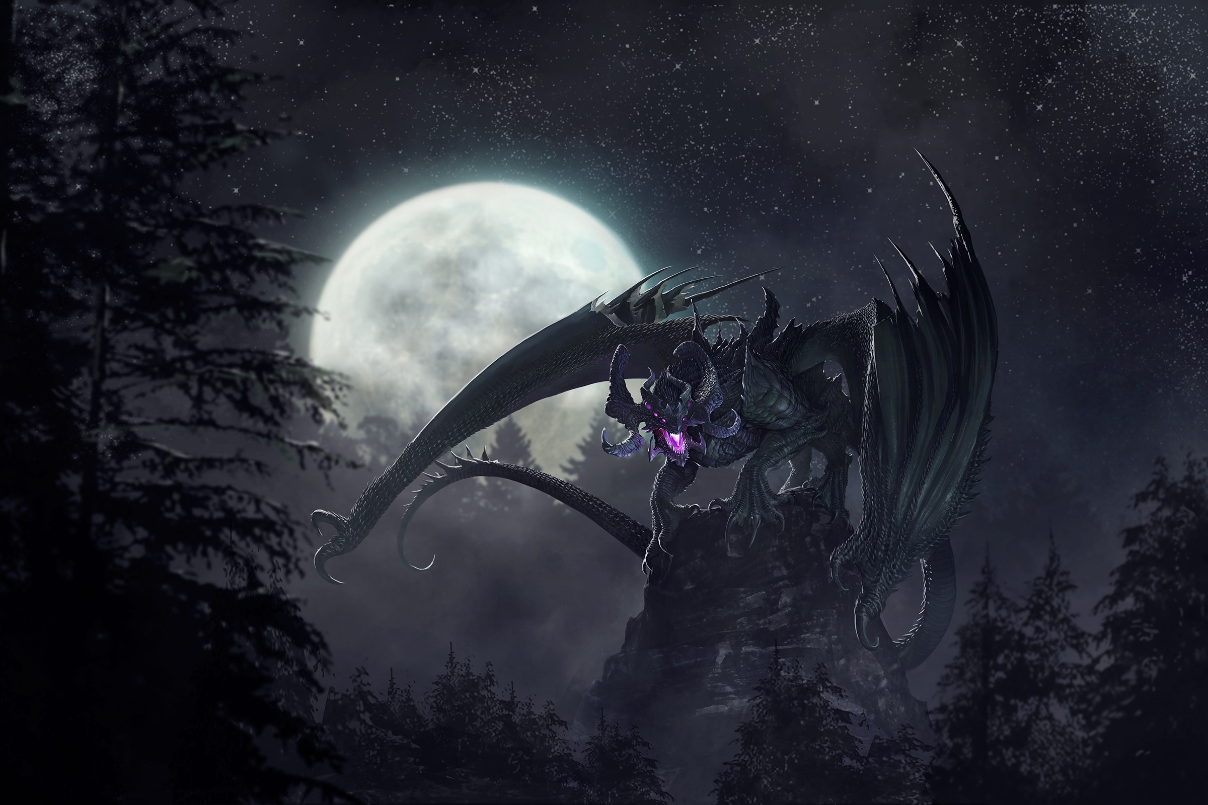 Handy-Wallpaper Fantasie, Mond, Drachen, Nacht kostenlos herunterladen.