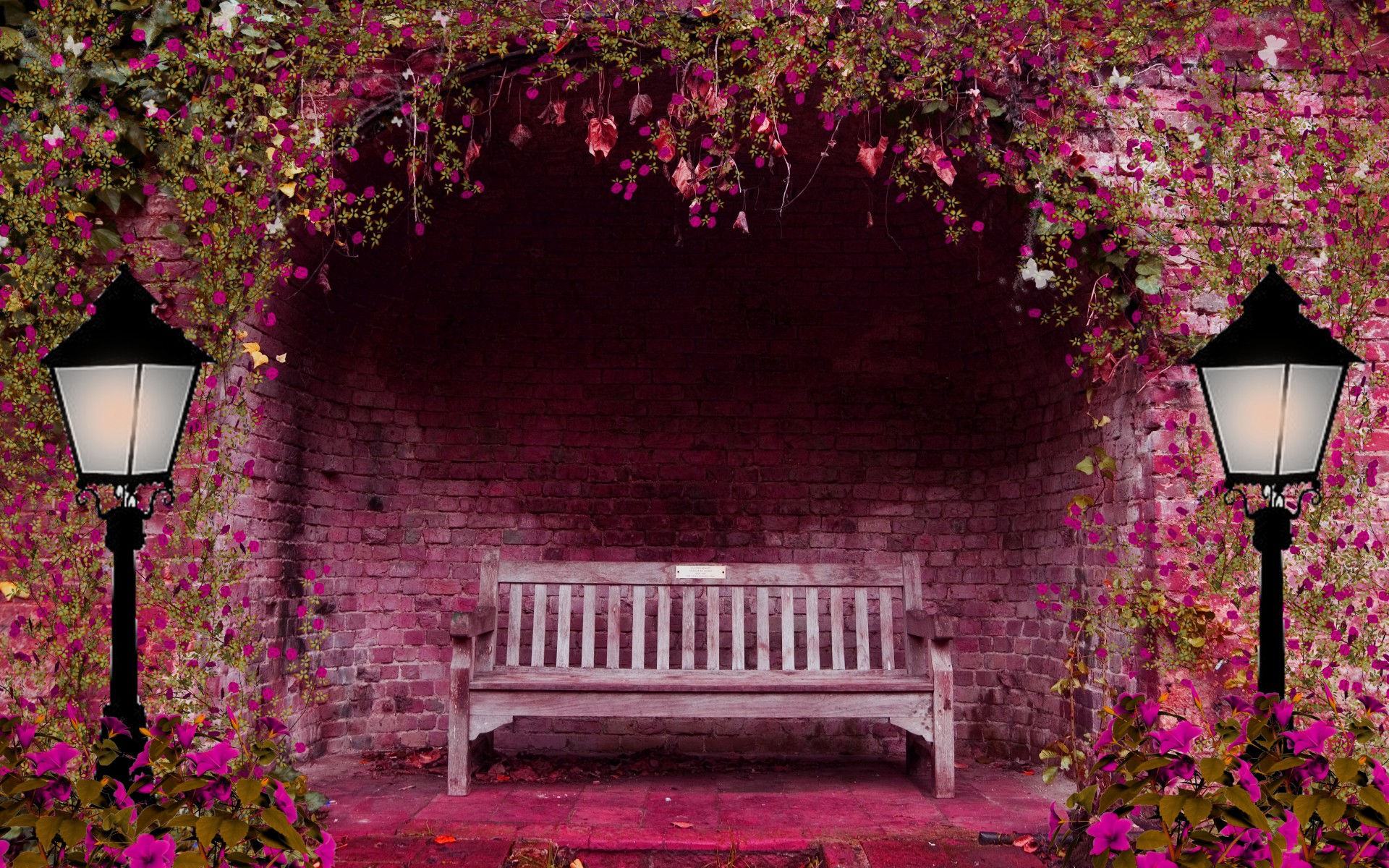 739946 baixar papel de parede artistico, banco de sentar, fantasia, flor, jardim, verde, poste de luz, folha, flor rosa, iluminação pública - protetores de tela e imagens gratuitamente