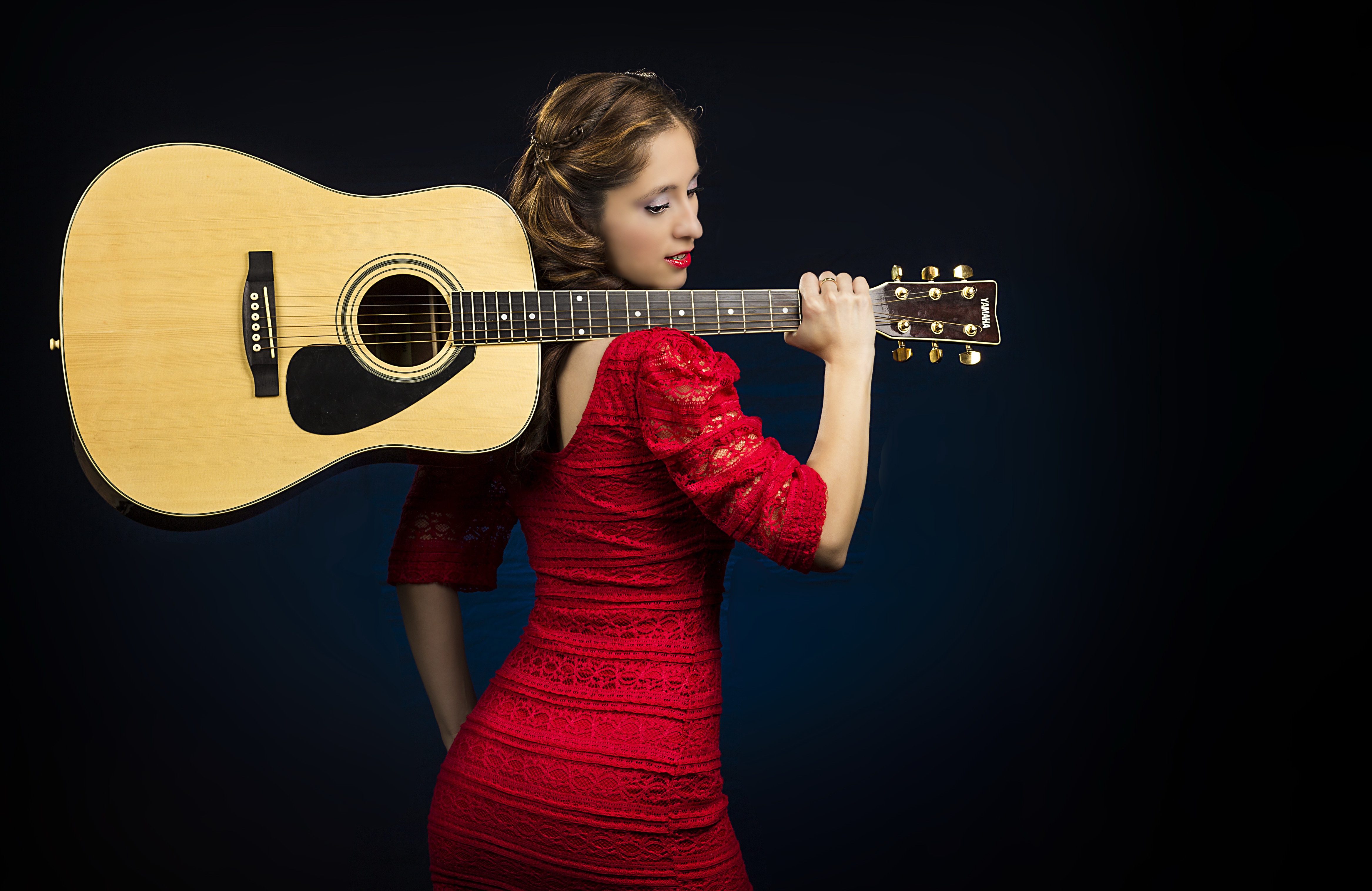 Free download wallpaper Guitar, Brunette, Model, Women, Red Dress on your PC desktop