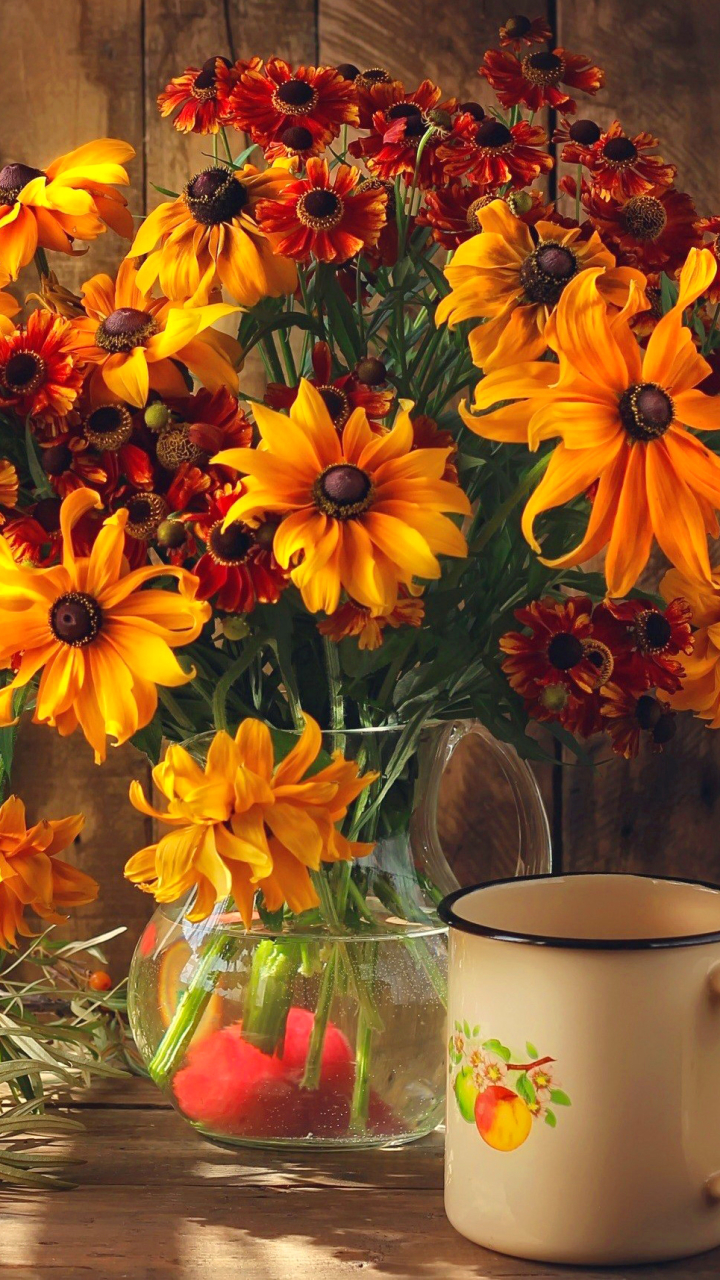 Download mobile wallpaper Still Life, Flower, Cup, Fall, Vase, Photography, Yellow Flower, Orange Flower for free.