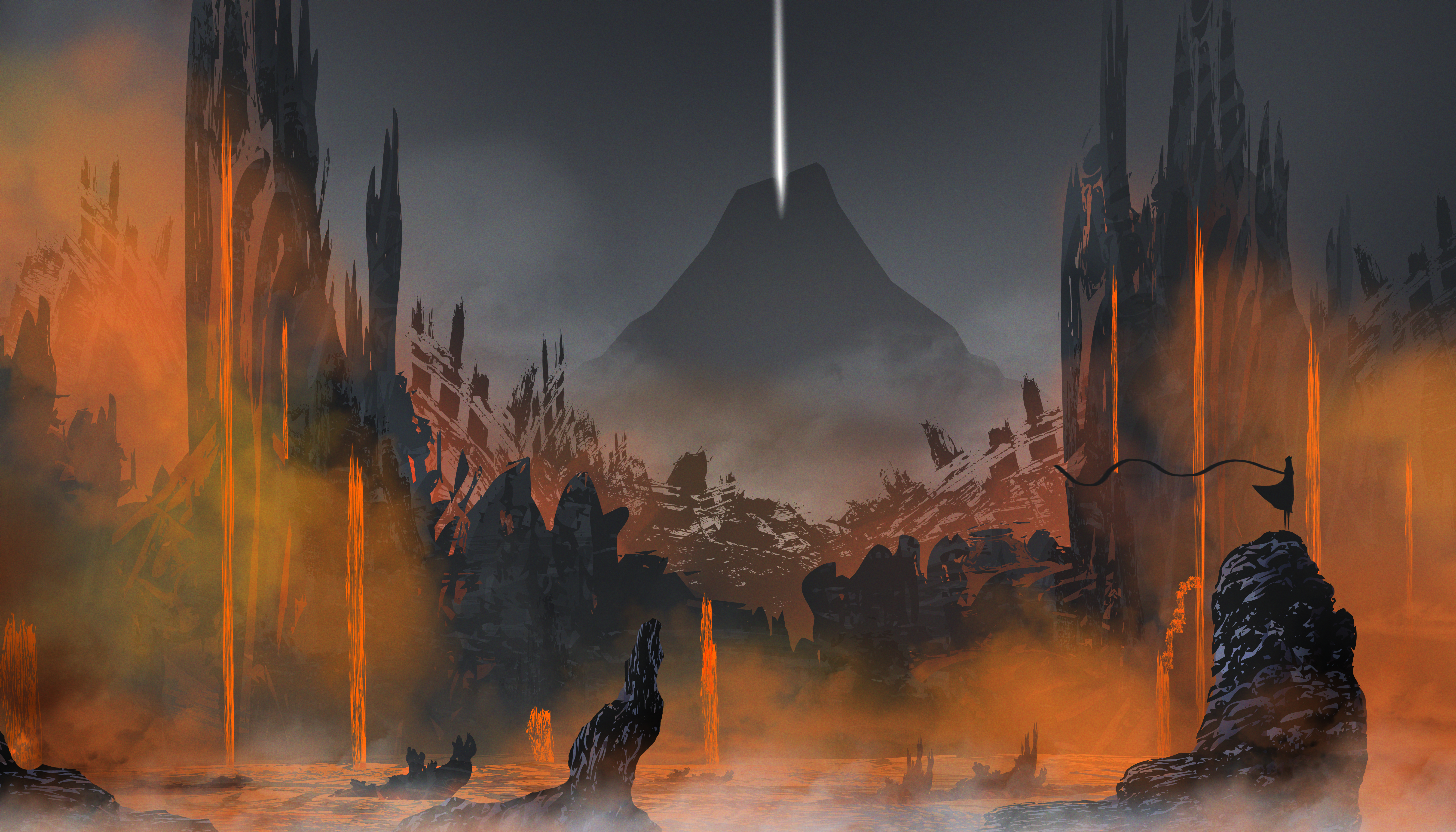 journey, landscape, video game, lava, silhouette, volcano