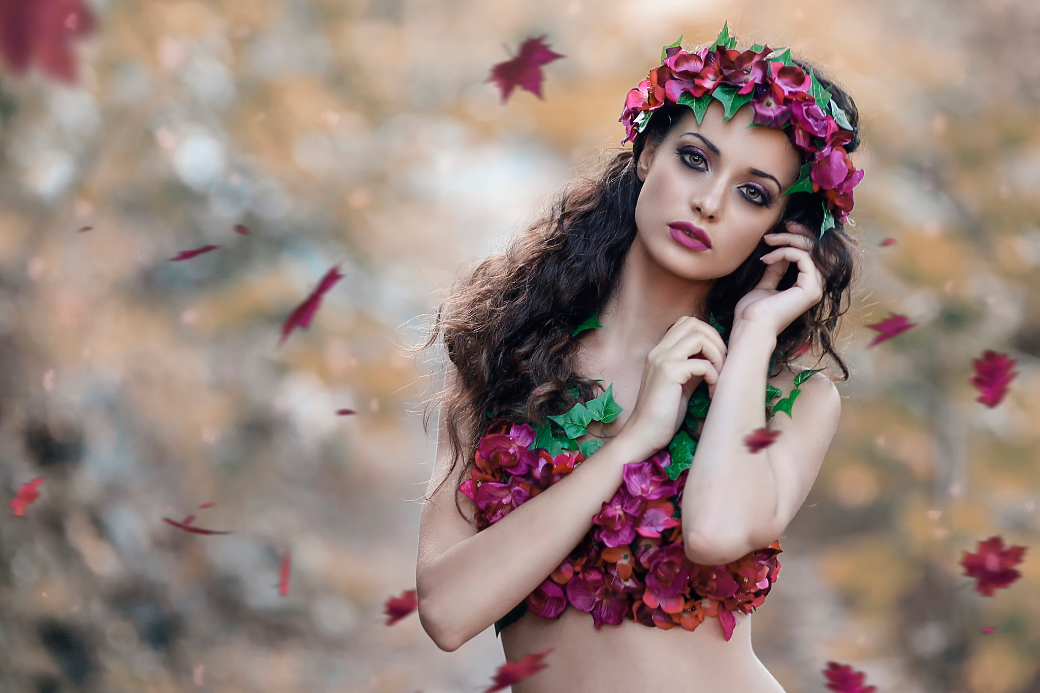 Download mobile wallpaper Flower, Fall, Wreath, Brunette, Model, Women, Lipstick for free.