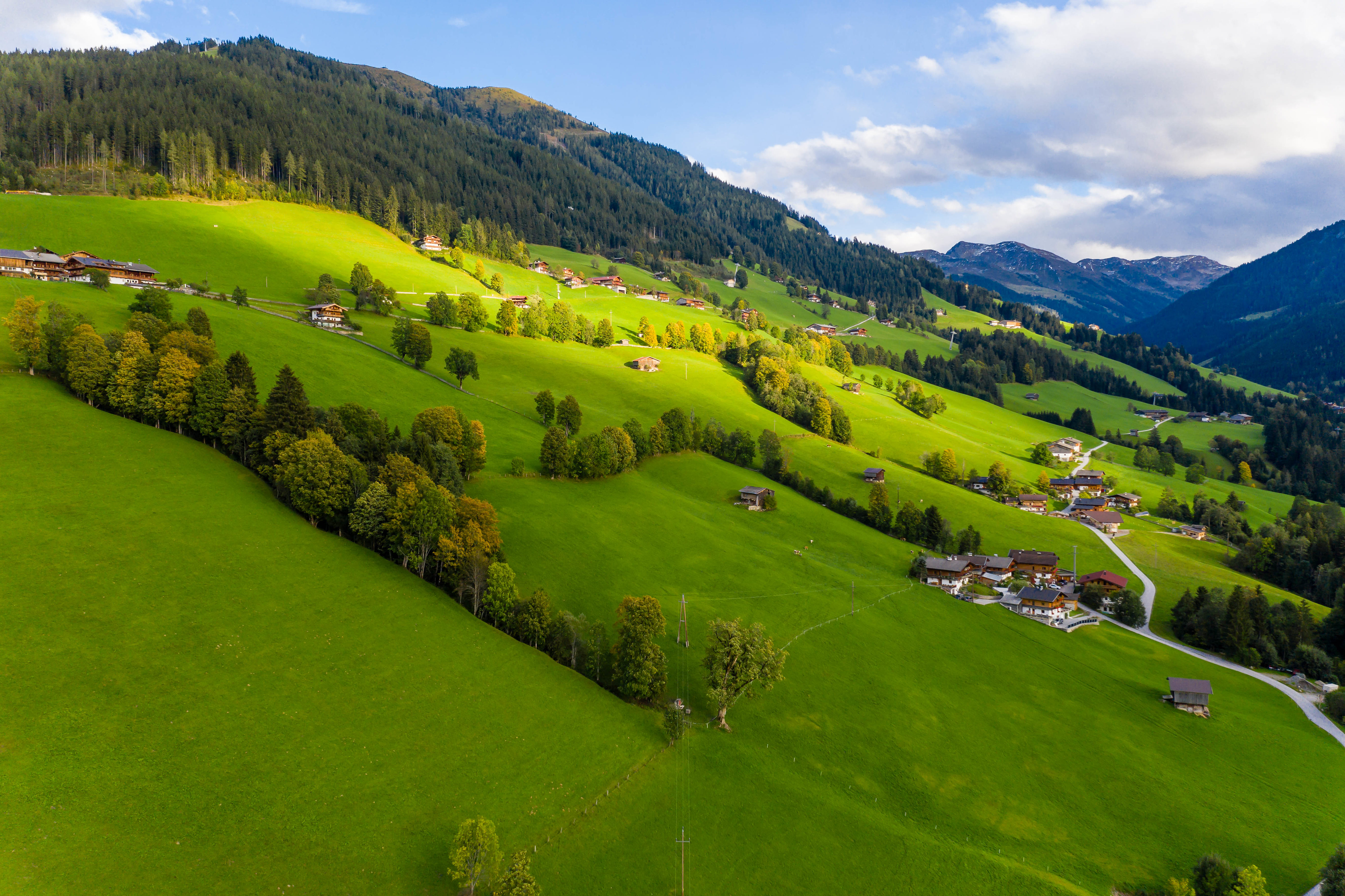 nature, grass, slope, village, sky, field Panoramic Wallpaper