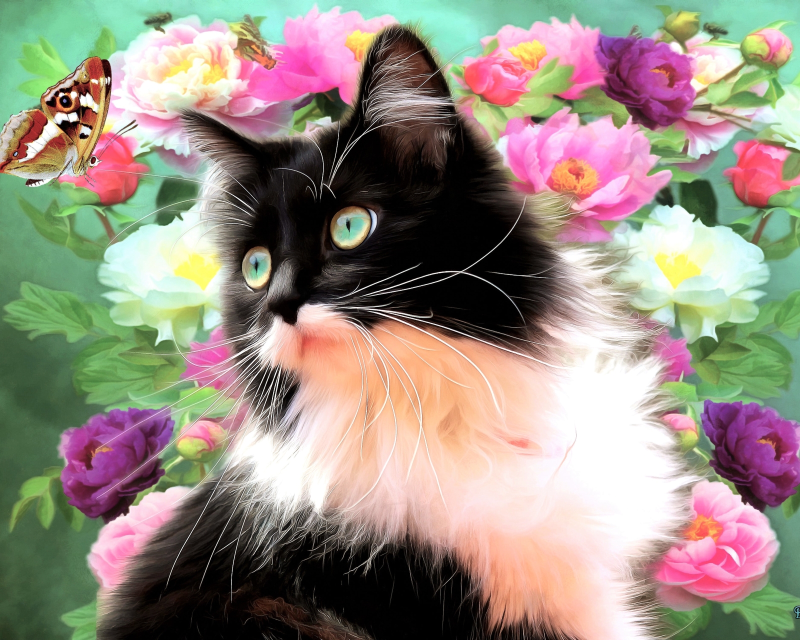 Laden Sie das Schmetterlinge, Blume, Katze, Schmetterling, Malerei, Frühling, Künstlerisch-Bild kostenlos auf Ihren PC-Desktop herunter