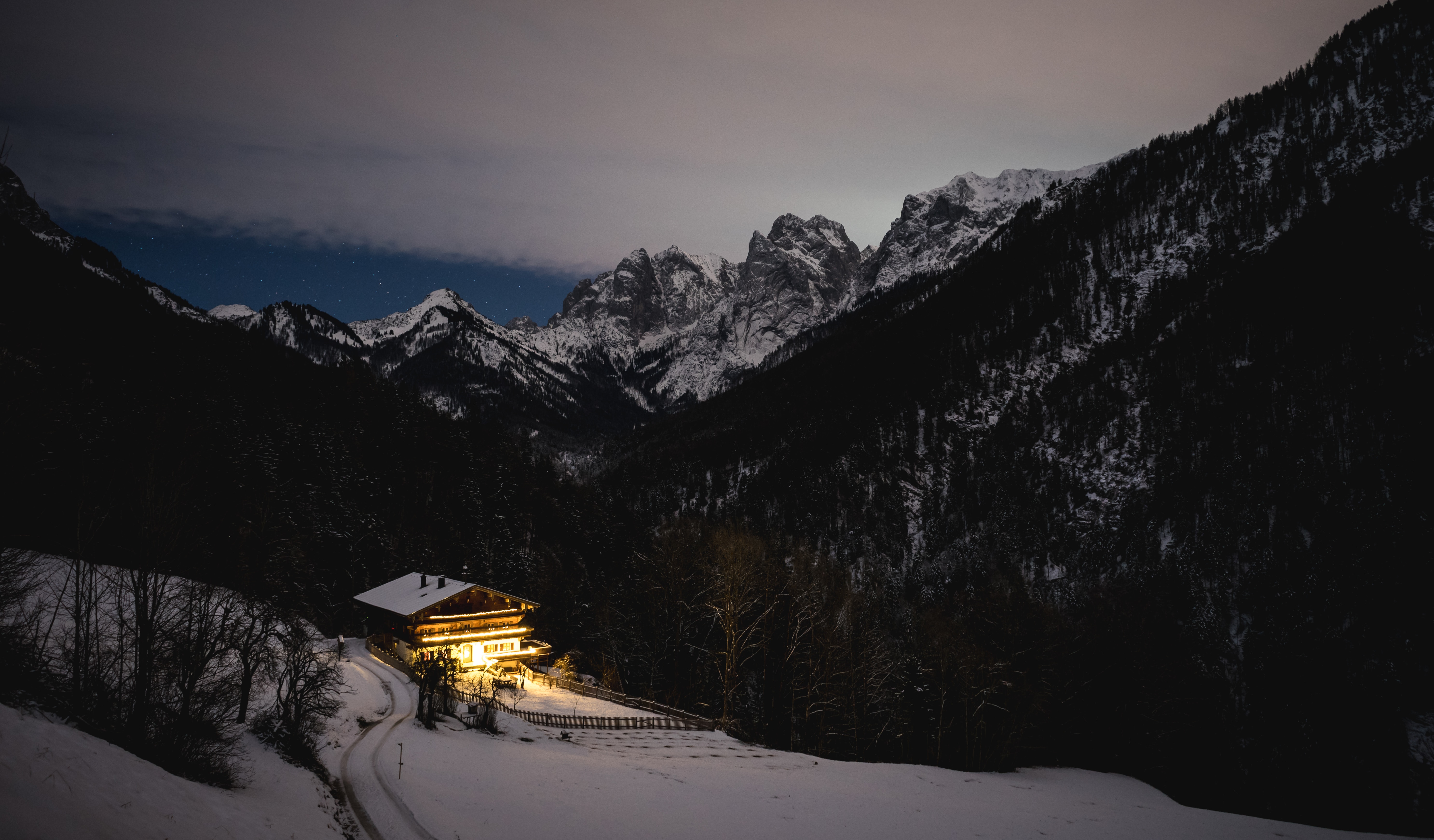 Download mobile wallpaper Snow, Twilight, Dusk, Landscape, Nature, House, Mountains for free.