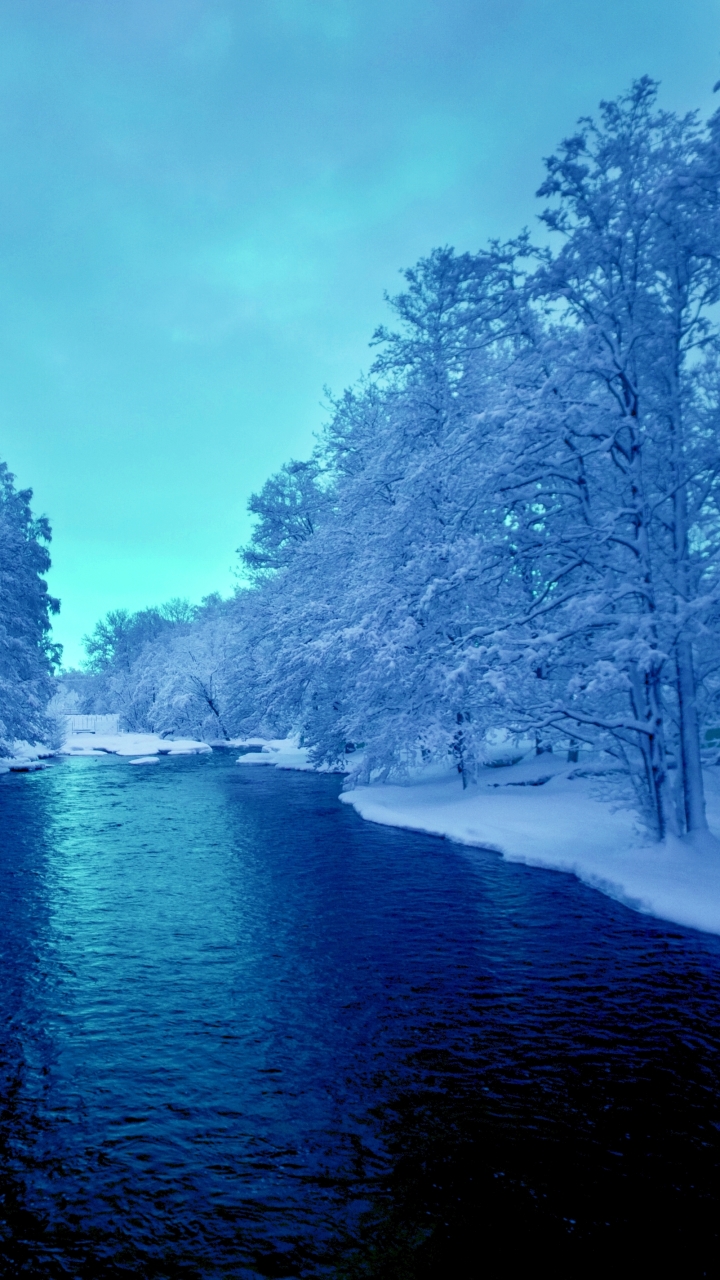 Download mobile wallpaper Winter, Snow, Tree, Earth, River for free.