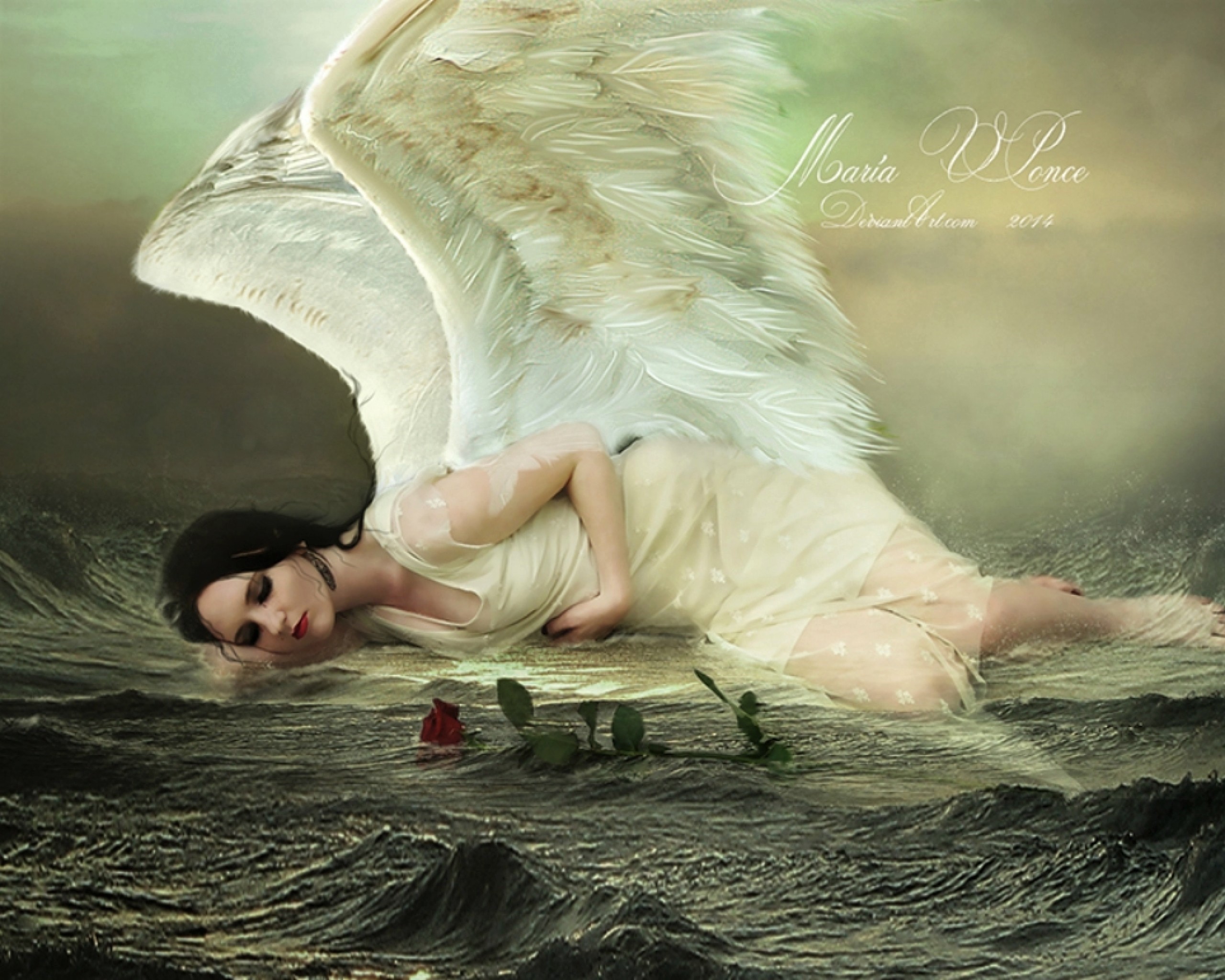 Download mobile wallpaper Fantasy, Rose, Wings, Sad, Angel, Wave, Red Rose for free.