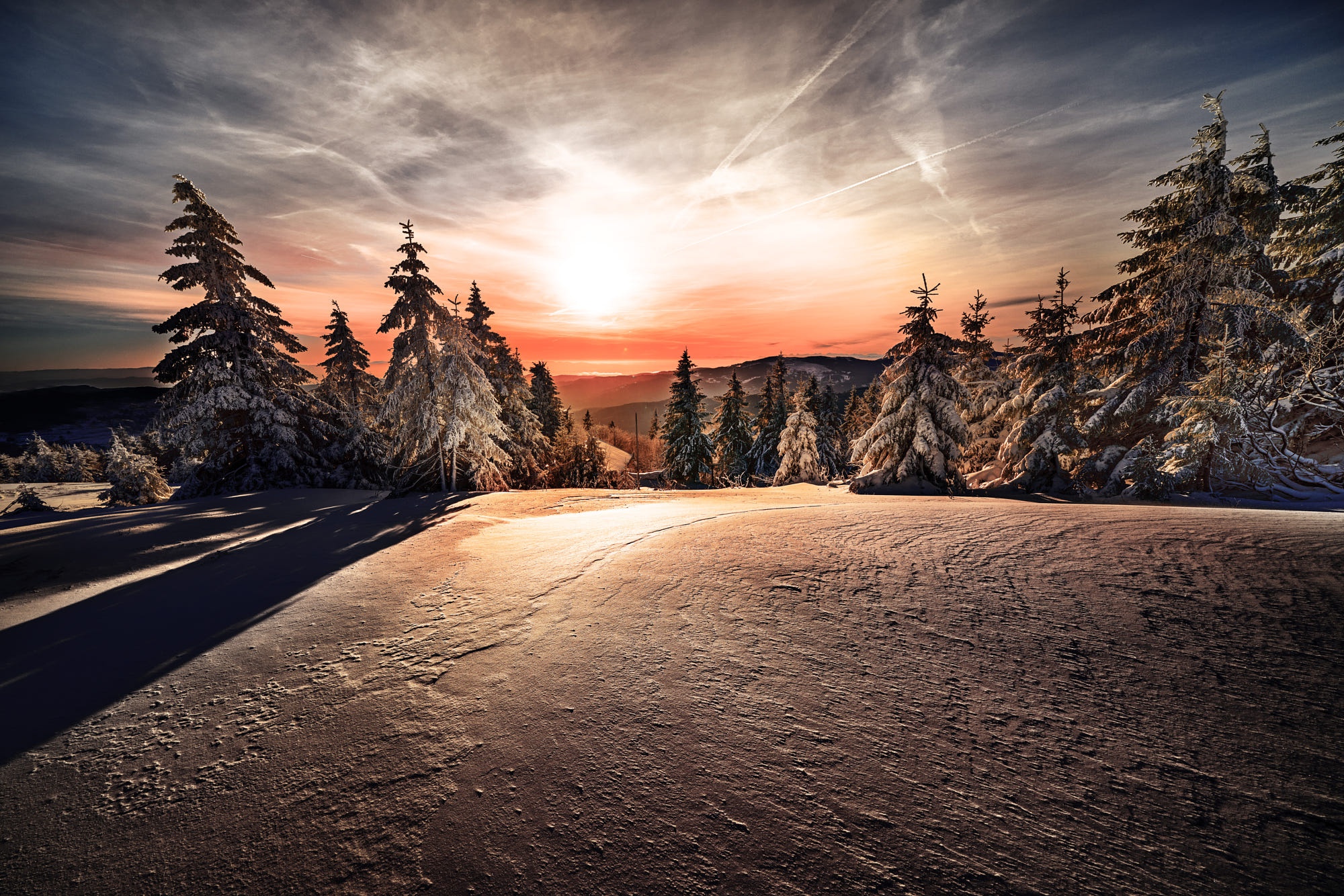 Download mobile wallpaper Winter, Nature, Sunset, Snow, Earth, Spruce for free.
