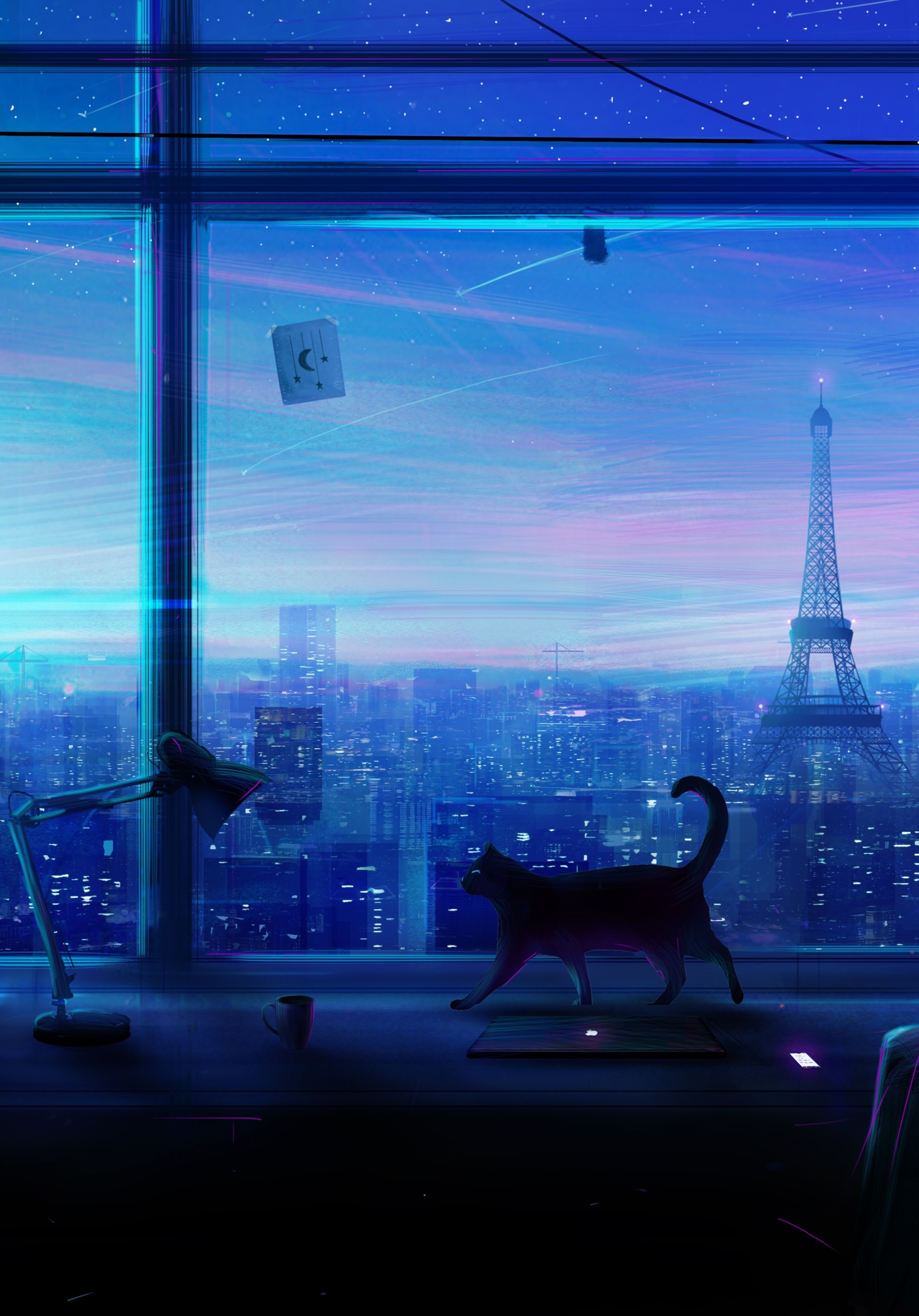 Download mobile wallpaper Anime, Sky, Stars, City, Cat for free.