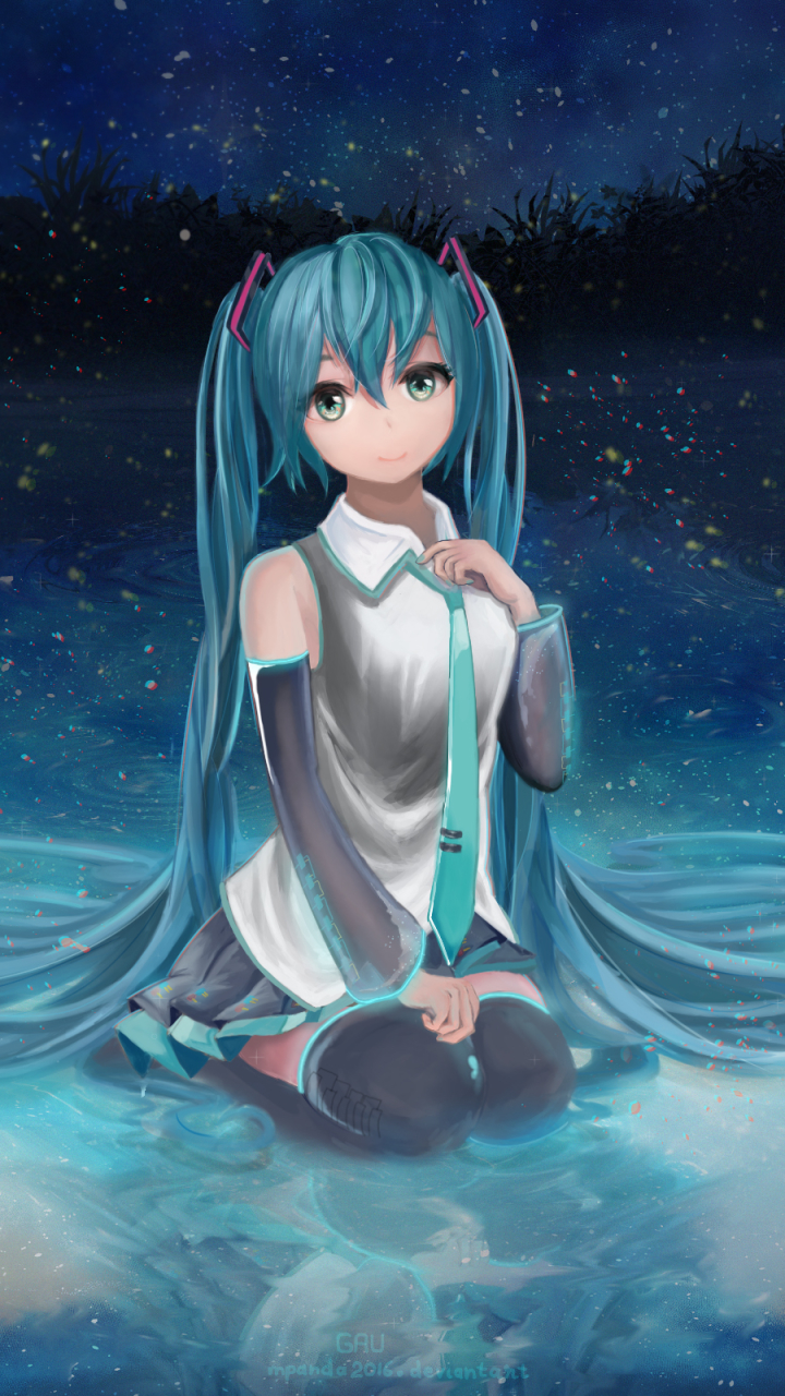 Download mobile wallpaper Anime, Water, Vocaloid, Skirt, Tie, Blue Eyes, Blue Hair, Hatsune Miku, Long Hair, Twintails for free.