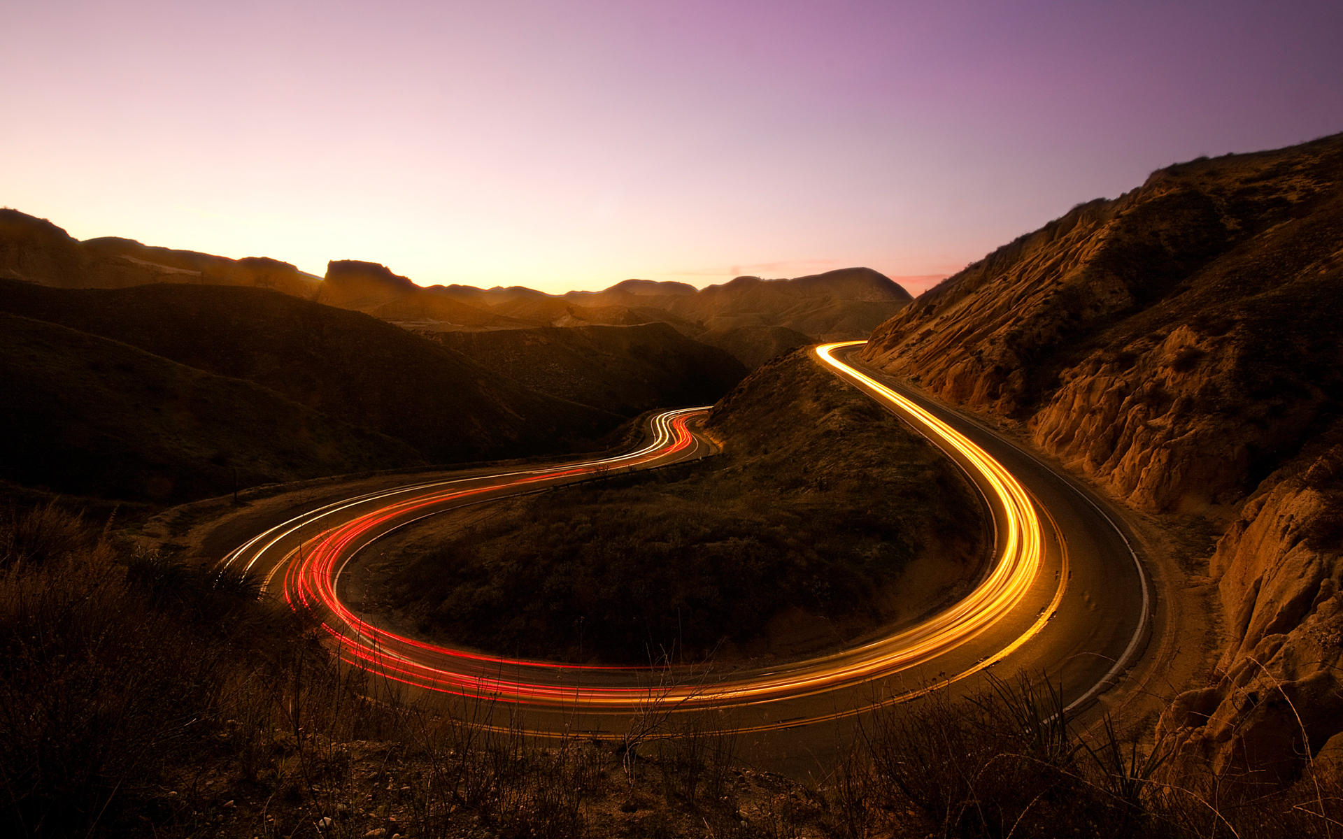 Download mobile wallpaper Night, Canyon, Road, Man Made, Time Lapse for free.