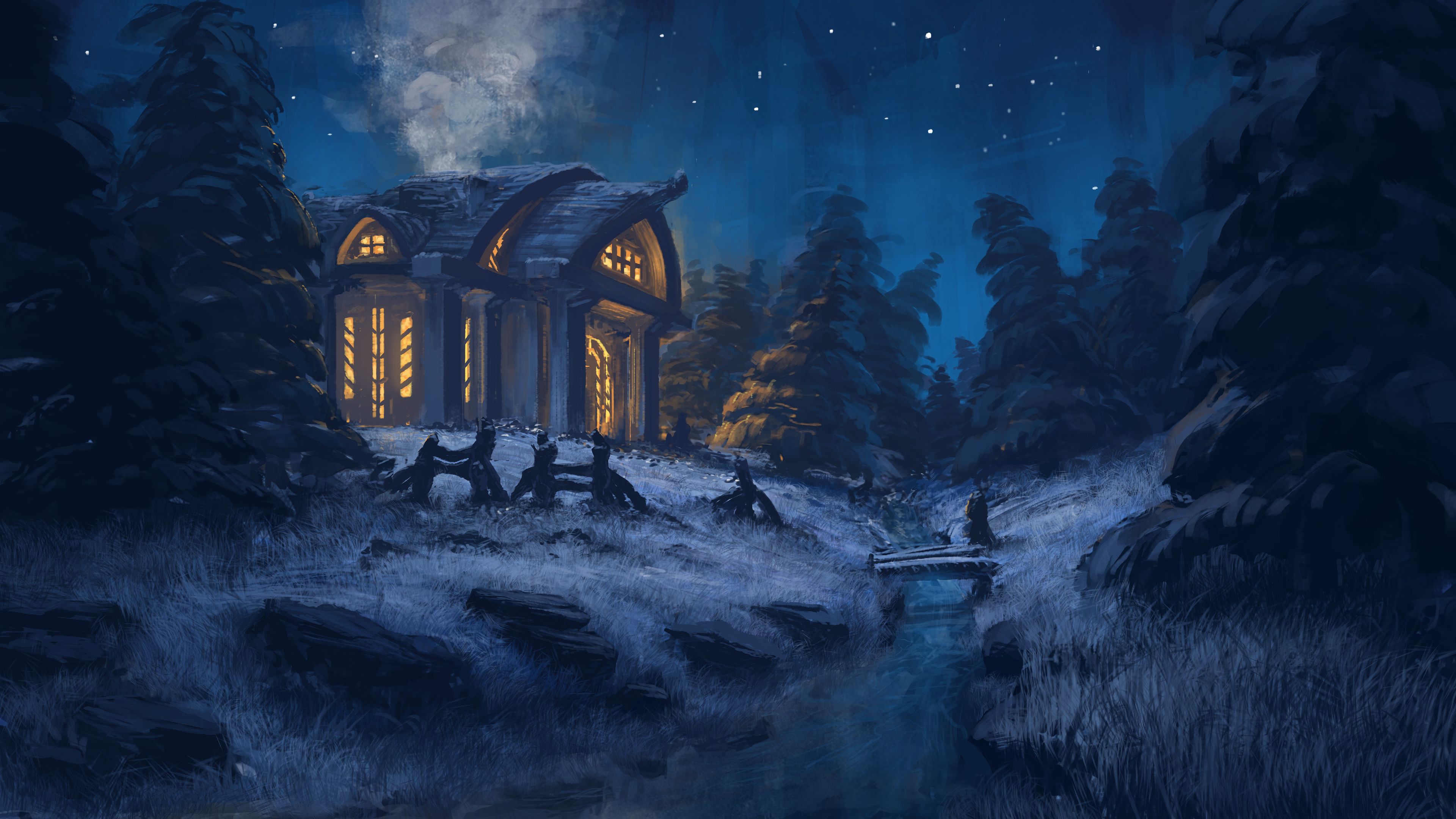 Free download wallpaper Art, Lodge, Grass, Small House, Trees, Light, Shine, Forest, Night on your PC desktop