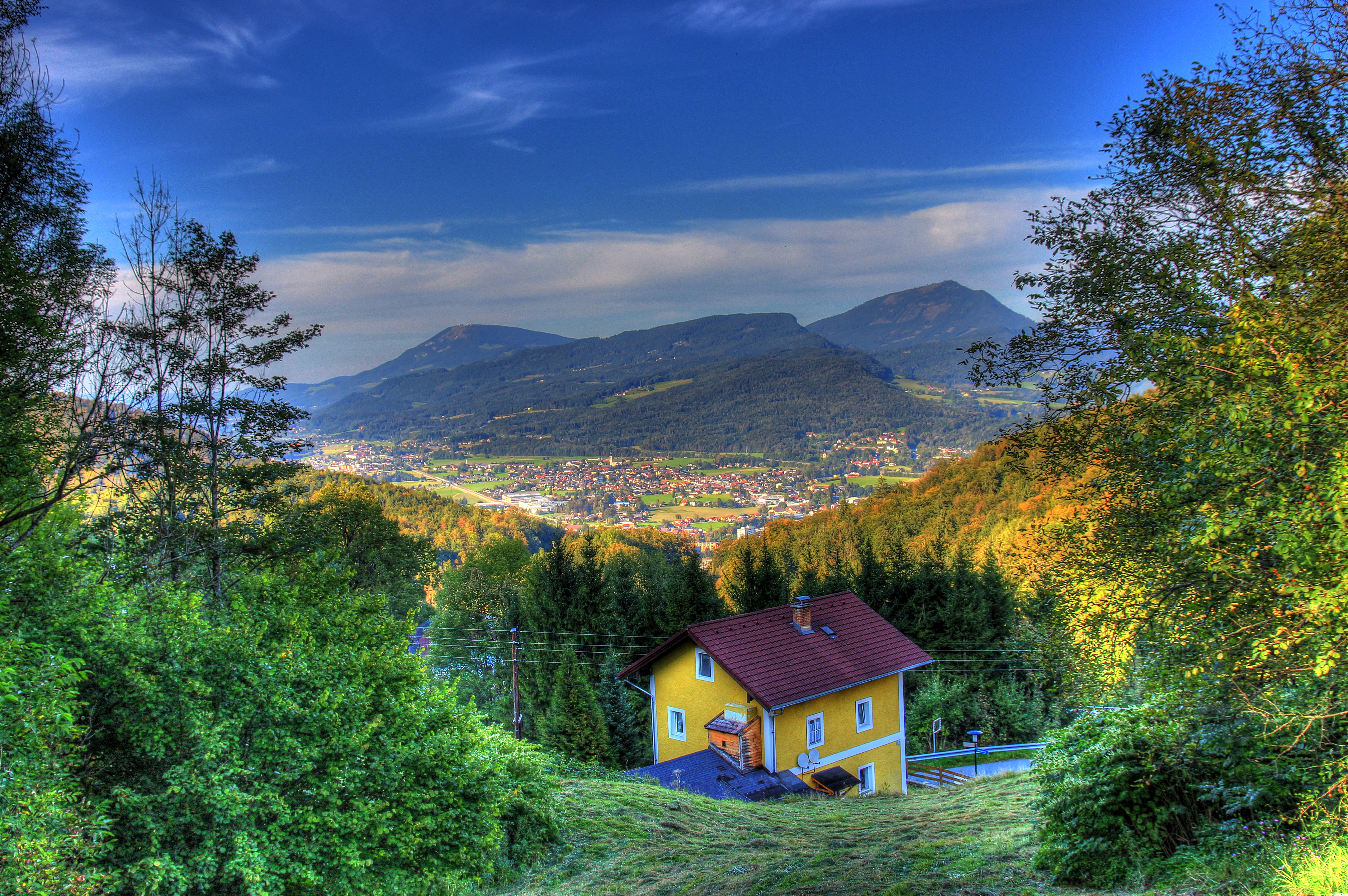 Free download wallpaper Landscape, Mountain, House, Austria, Valley, Man Made on your PC desktop