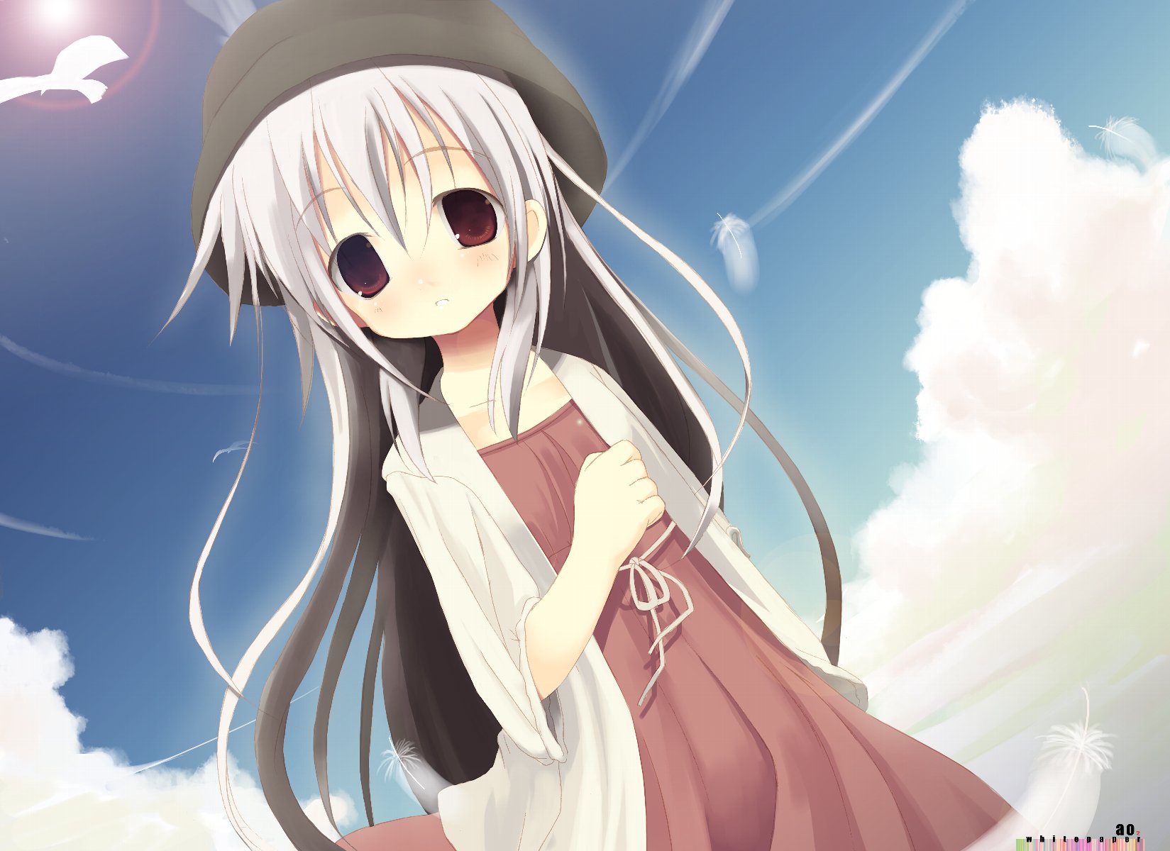 Download mobile wallpaper Anime, Feather, Bird, Hat, Original, Blush, Red Eyes, Long Hair, White Hair for free.