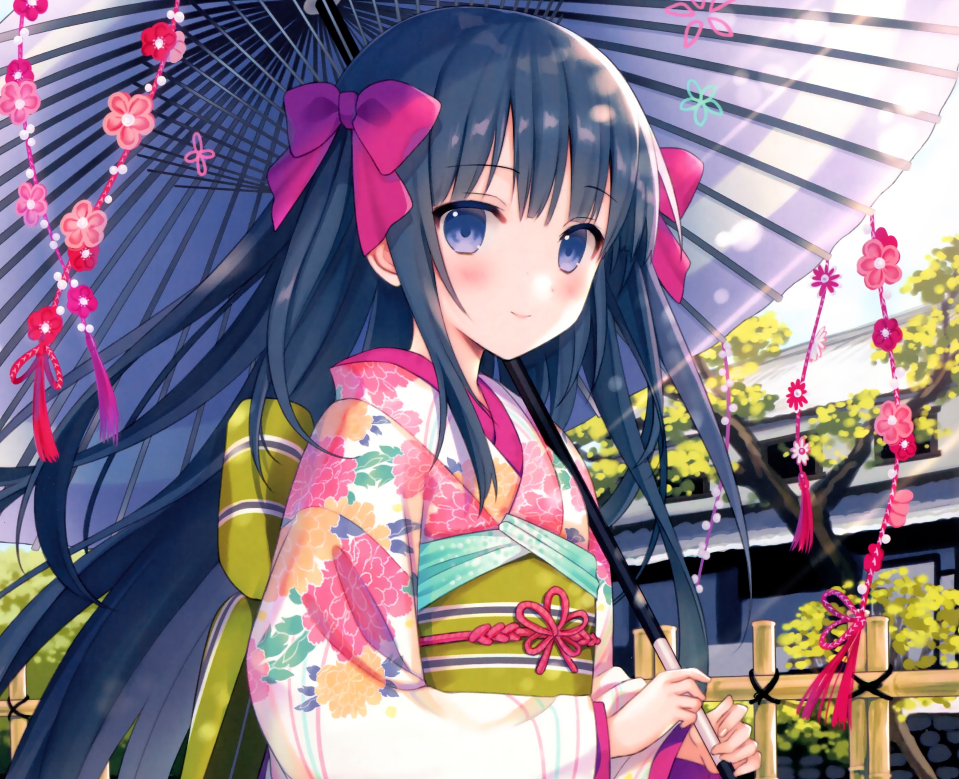 847898 Hintergrundbild herunterladen animes, original, schwarzes haar, blaue augen, erröten, schleife (kleidung), blume, kimono, lange haare, sonnenschirm, lächeln - Bildschirmschoner und Bilder kostenlos