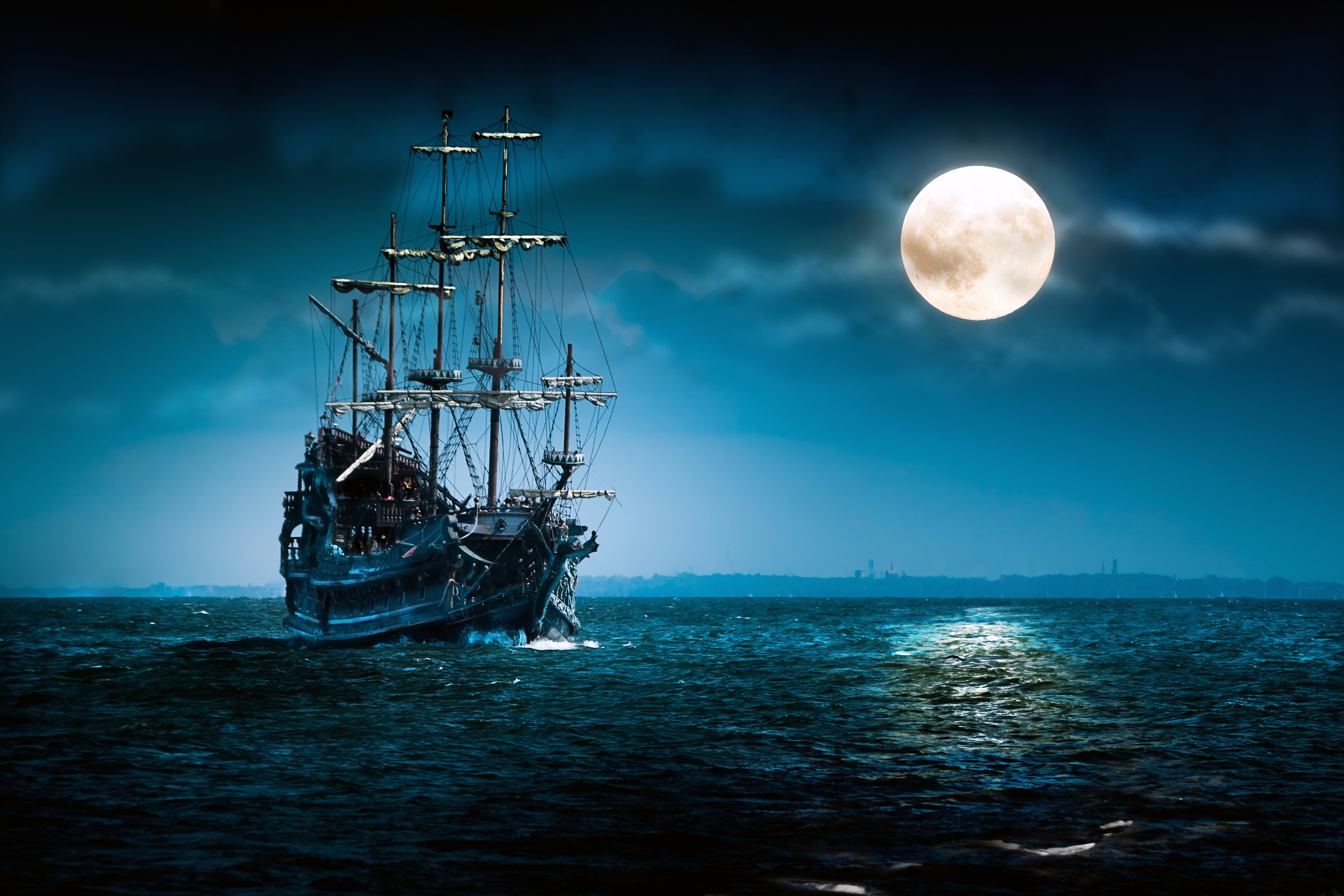 546687 Bild herunterladen segelboot, fantasie, schiff, mond, nacht - Hintergrundbilder und Bildschirmschoner kostenlos