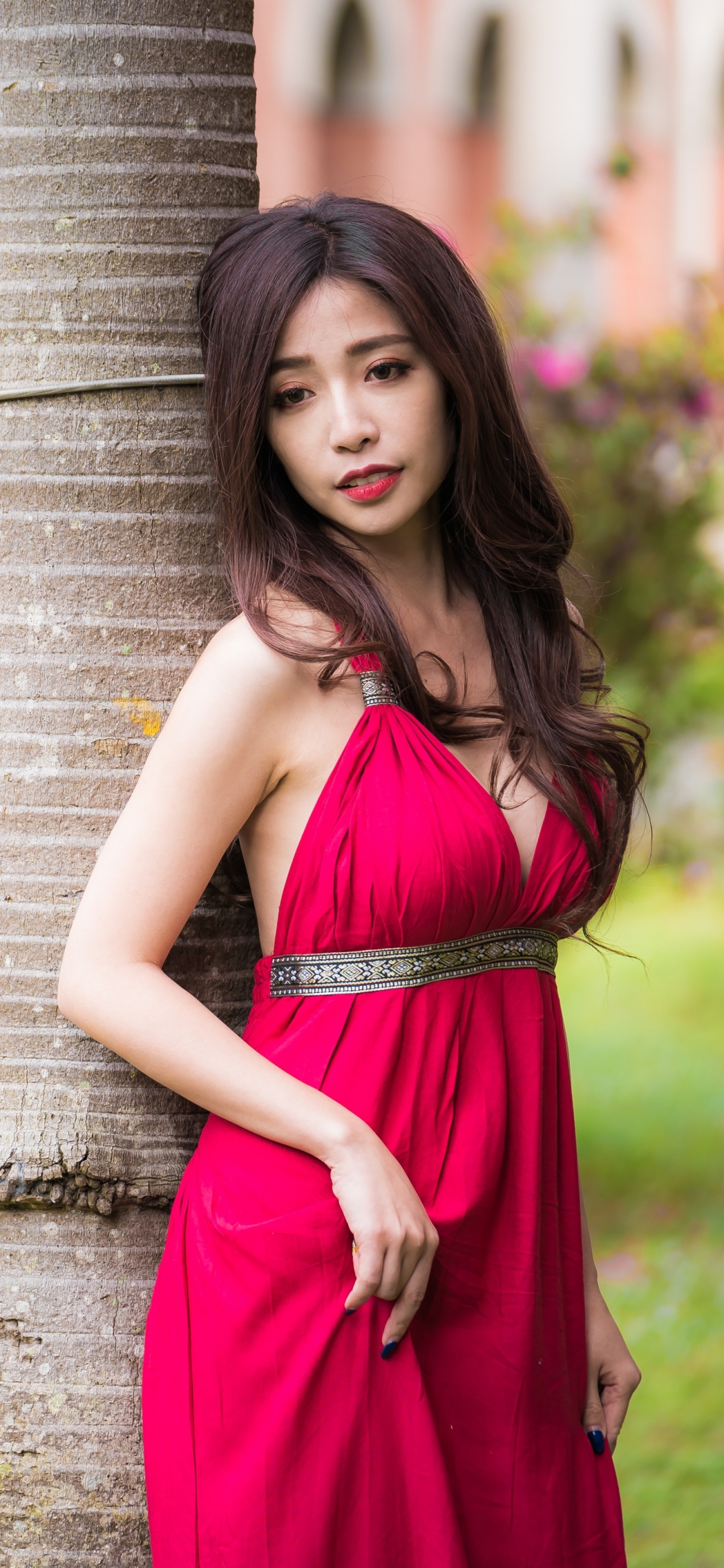 Download mobile wallpaper Brunette, Model, Women, Asian, Red Dress for free.